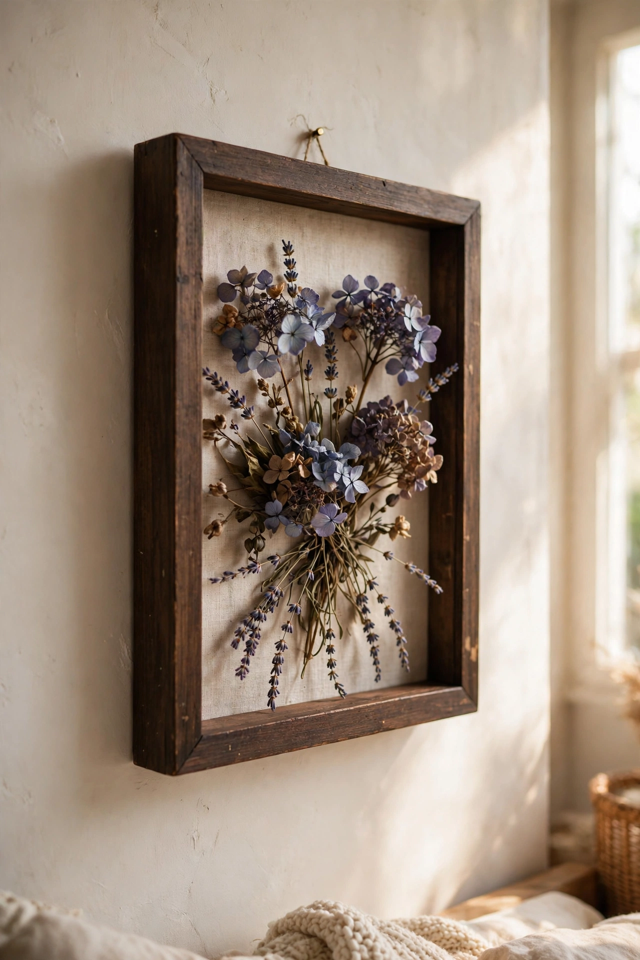 Deep shadow box frame with dried hydrangea and lavender diy wall art on a linen backing