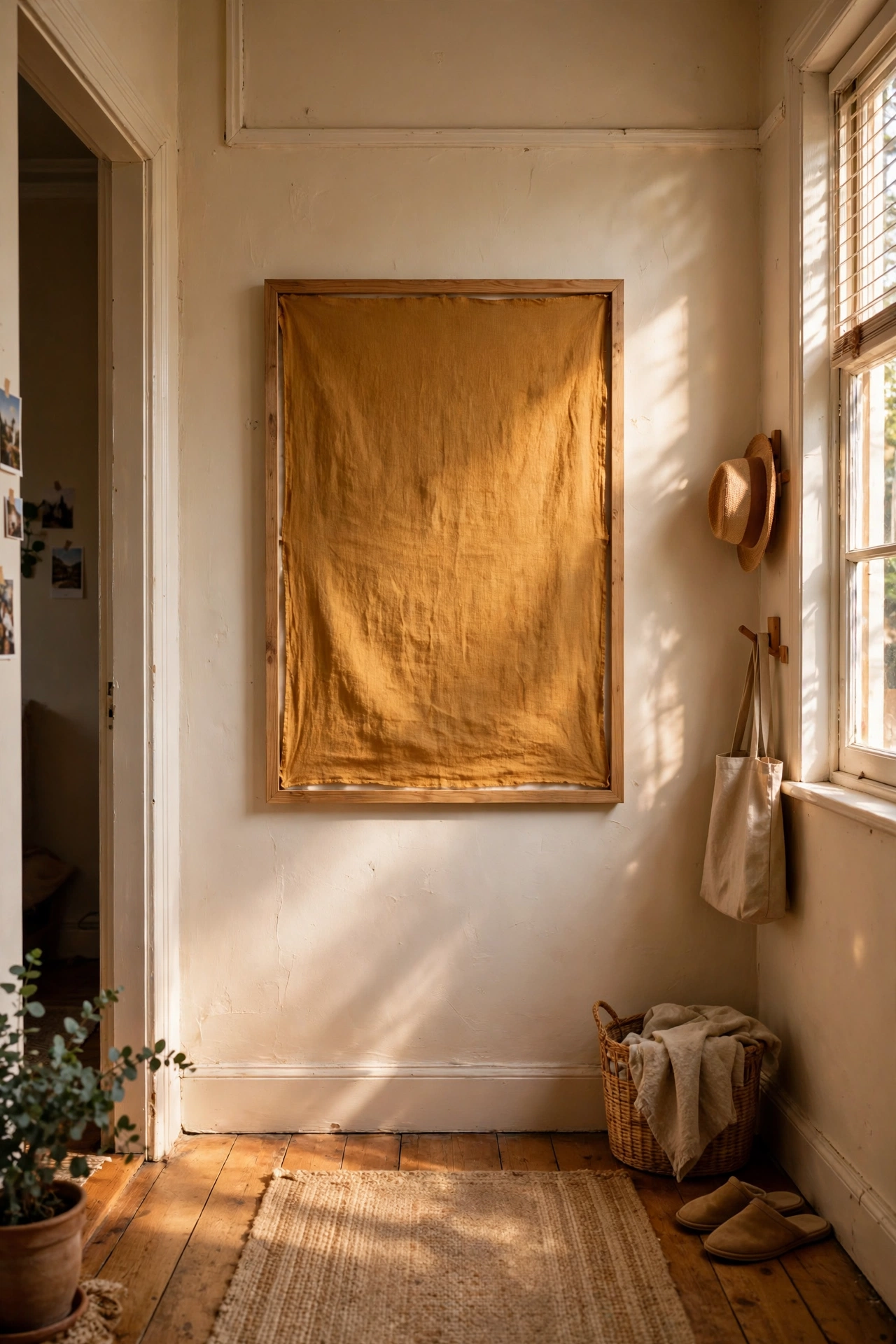 Ochre linen fabric stretched in a simple frame as textured diy wall art in a hallway