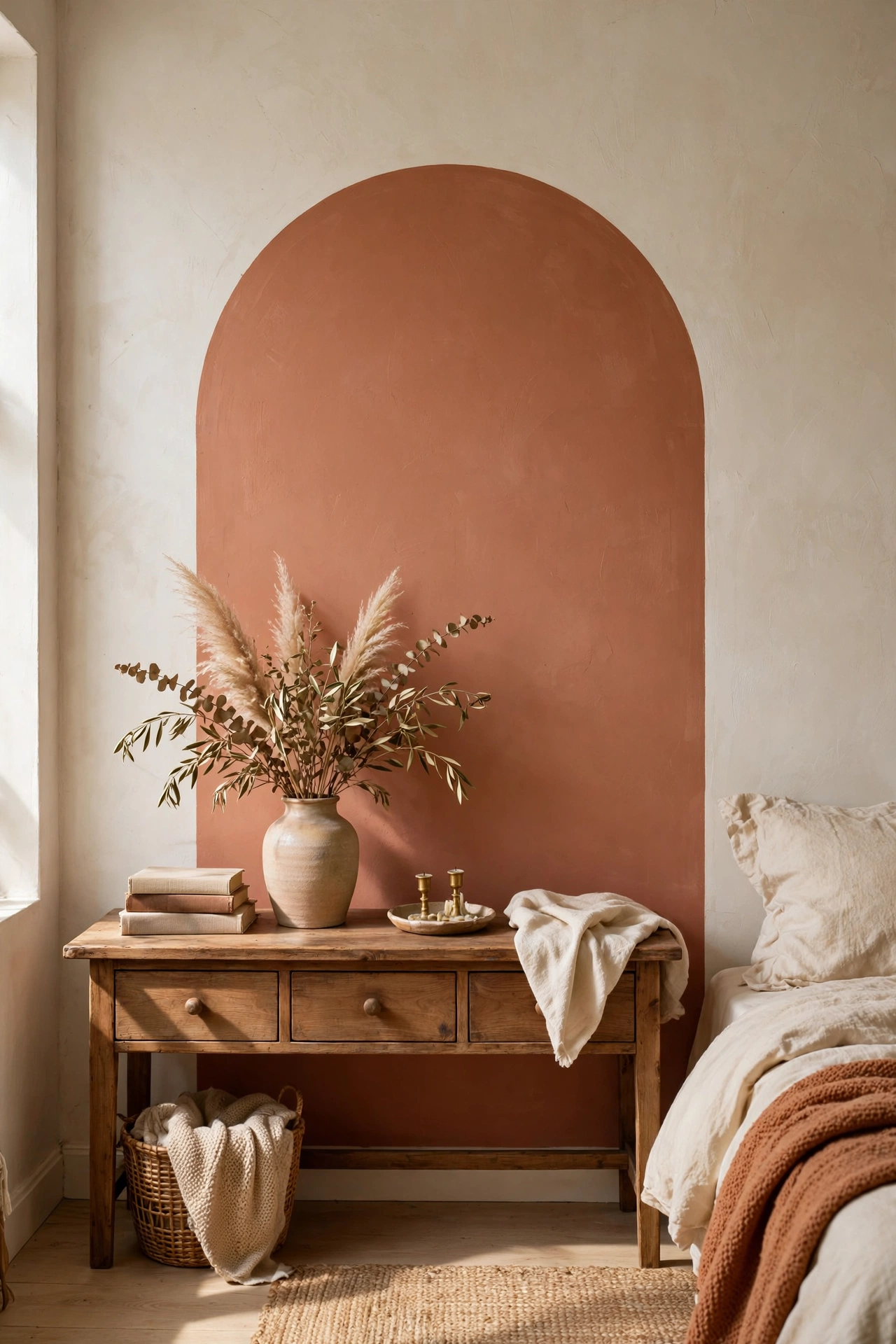 Terracotta painted arch diy wall art behind a wooden console table in a bedroom