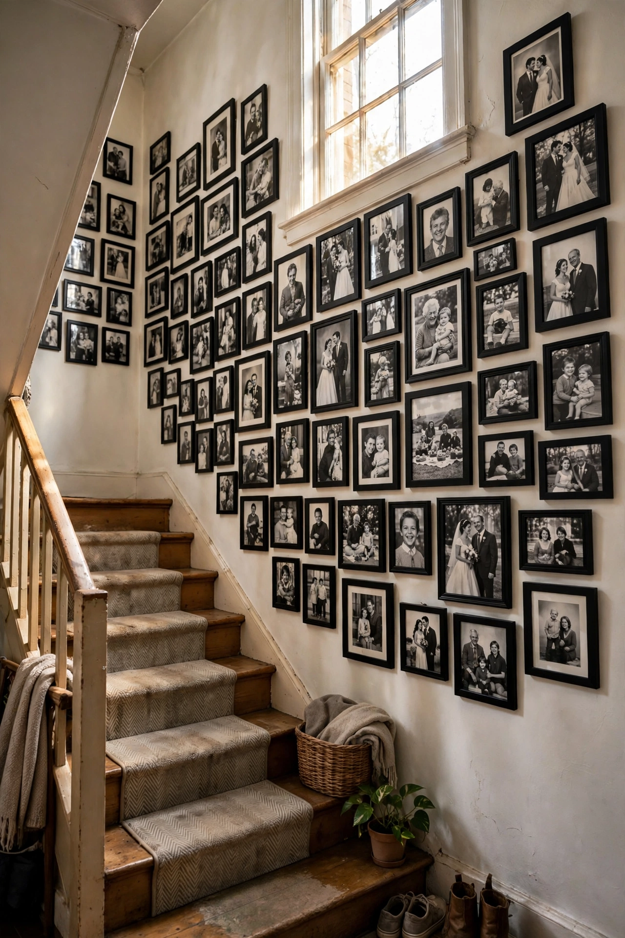 Stairwell gallery wall of black-and-white family photos in matching black frames as diy wall art