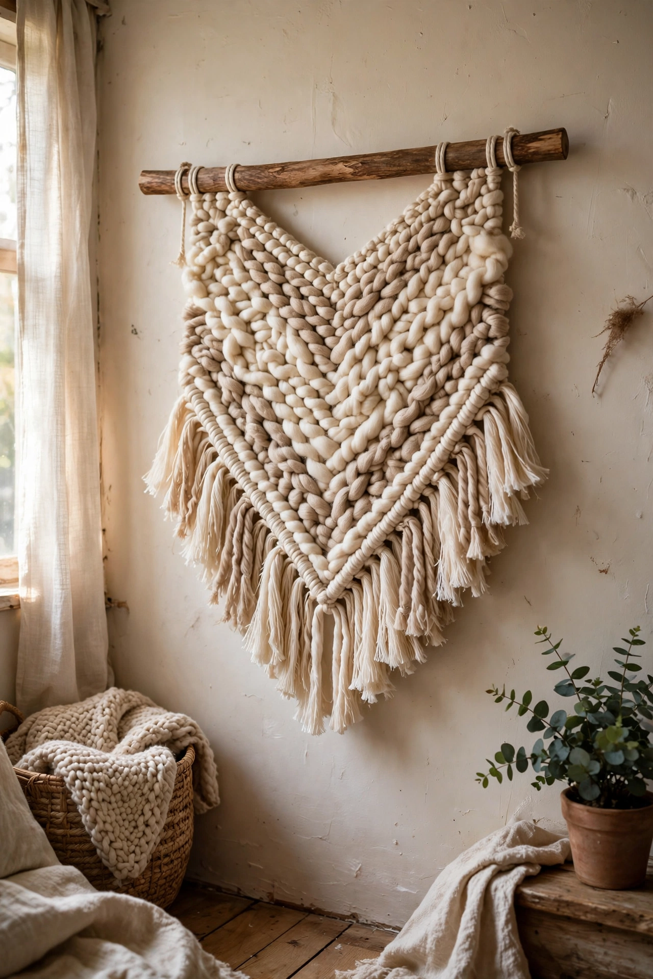 Chunky cream yarn wall hanging on a wooden dowel as soft diy wall art in a living room