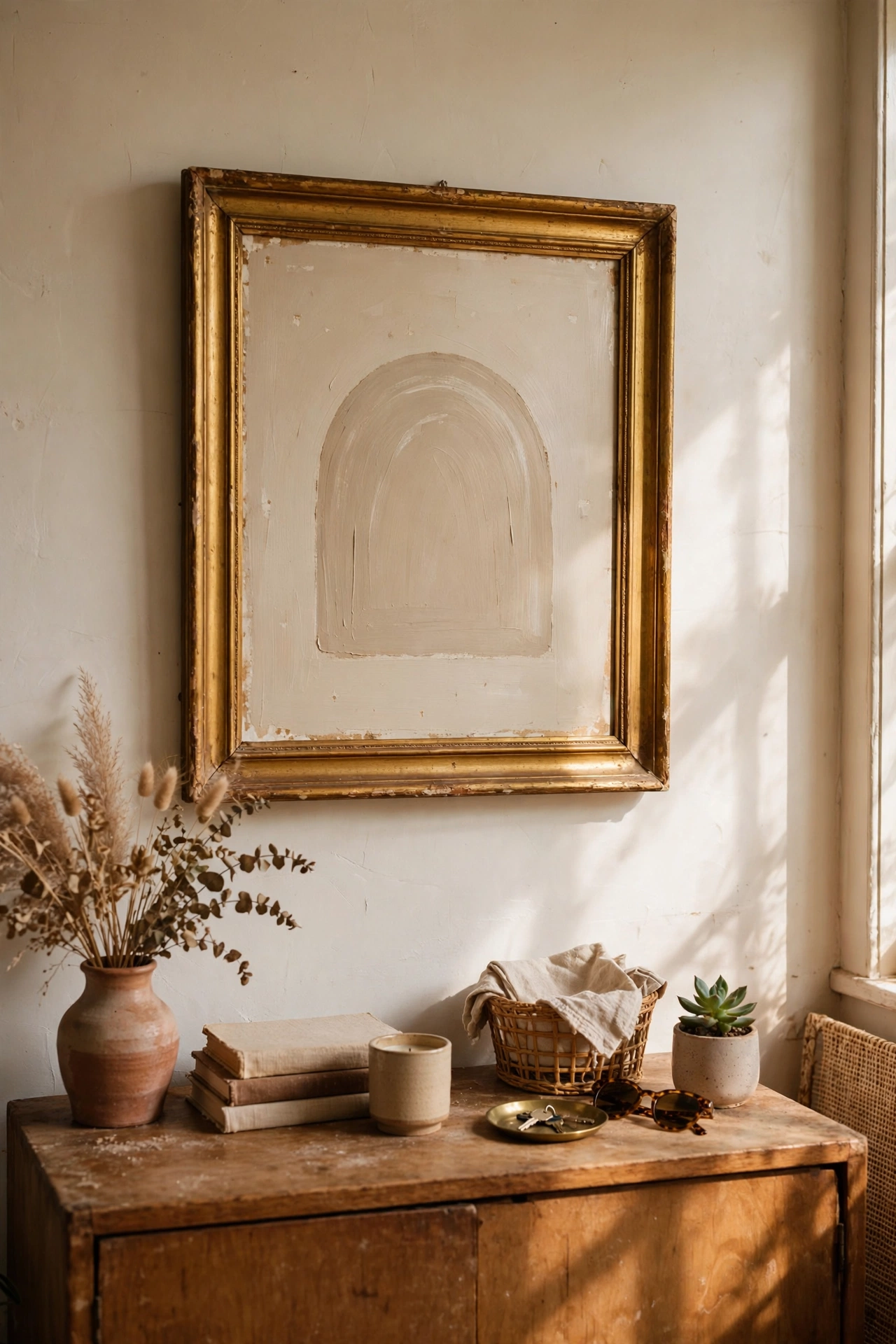 Painted-over thrift store canvas in a gilt frame as abstract diy wall art above a sideboard