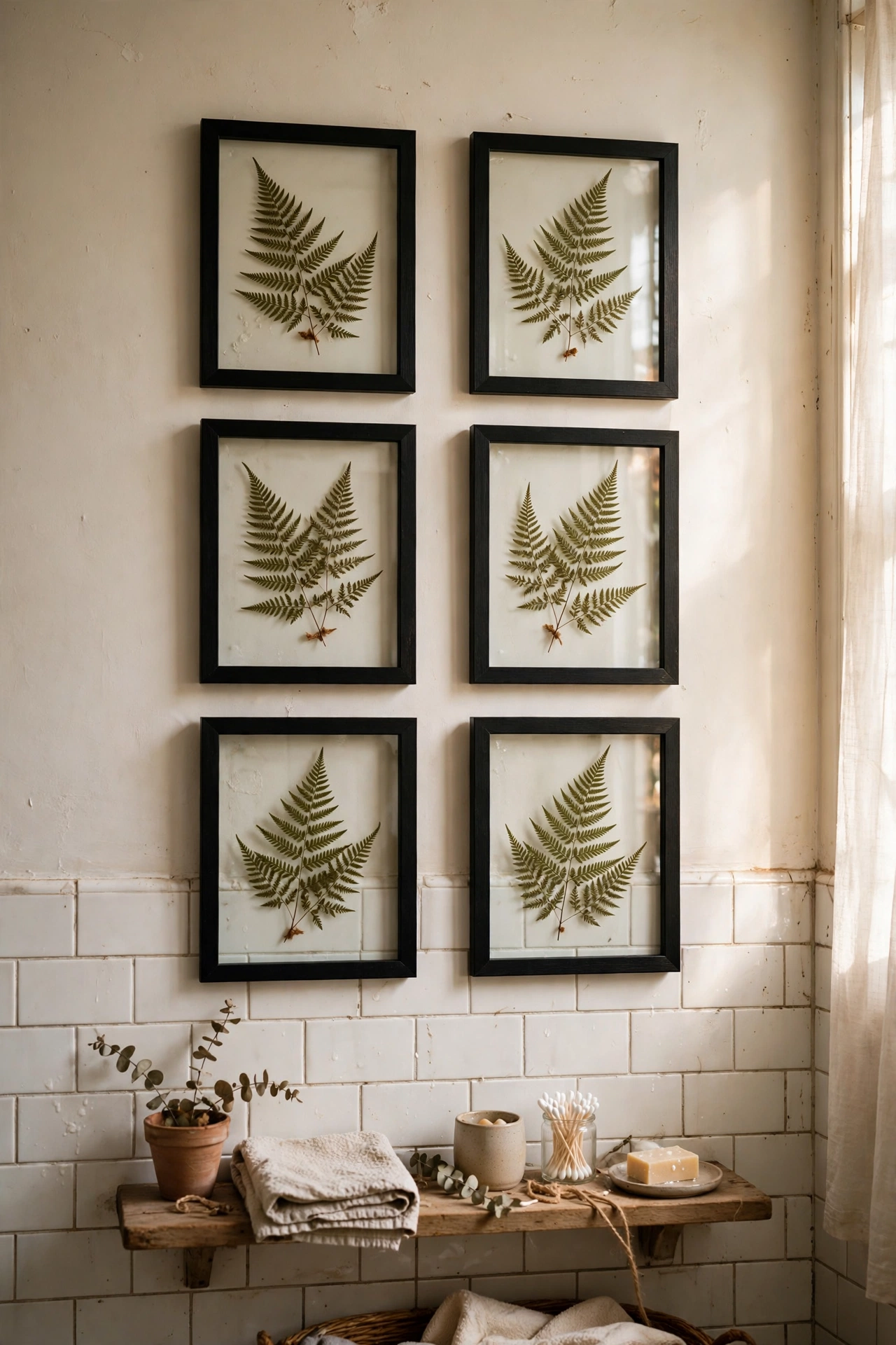 Six pressed fern botanical prints floating between glass in simple frames as diy wall art