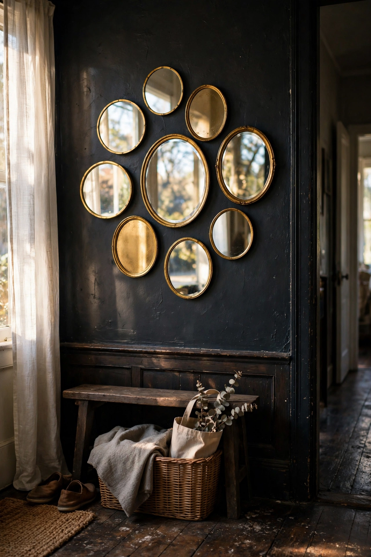 Cluster of small round and oval mirrors in gold frames as diy wall art brightening a dark hallway