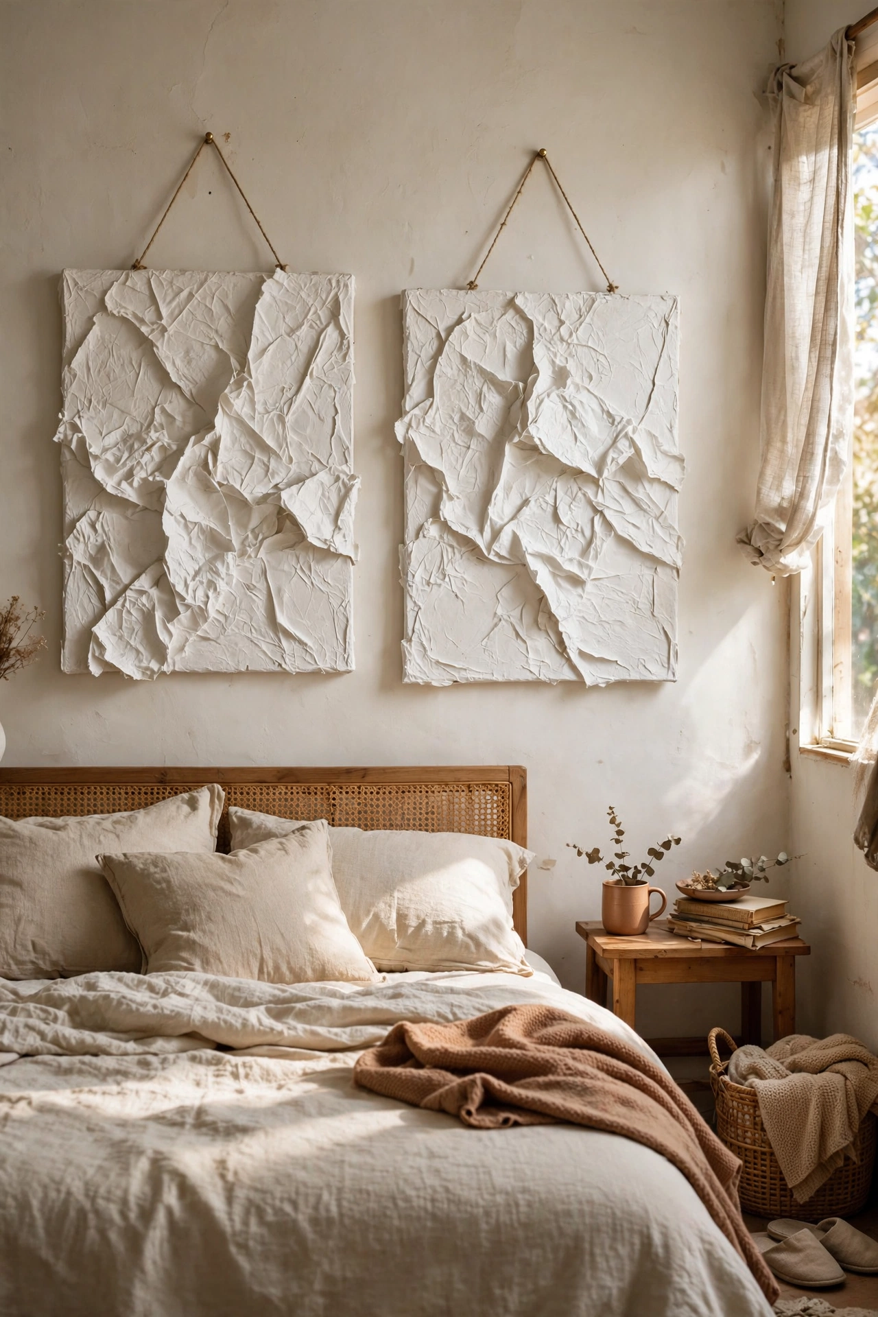 Two warm white textured paper-bag abstract canvases as diy wall art above a bed