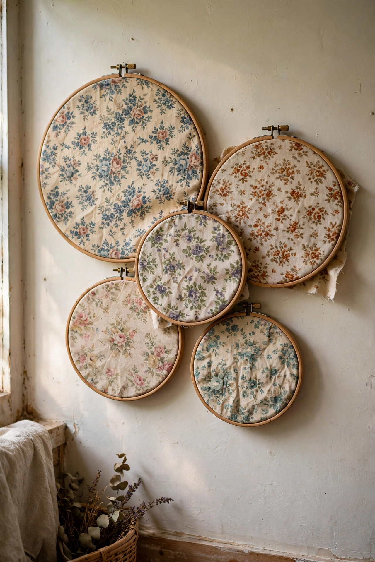 Cluster of wooden embroidery hoops with vintage floral fabric as round diy wall art in a spare room