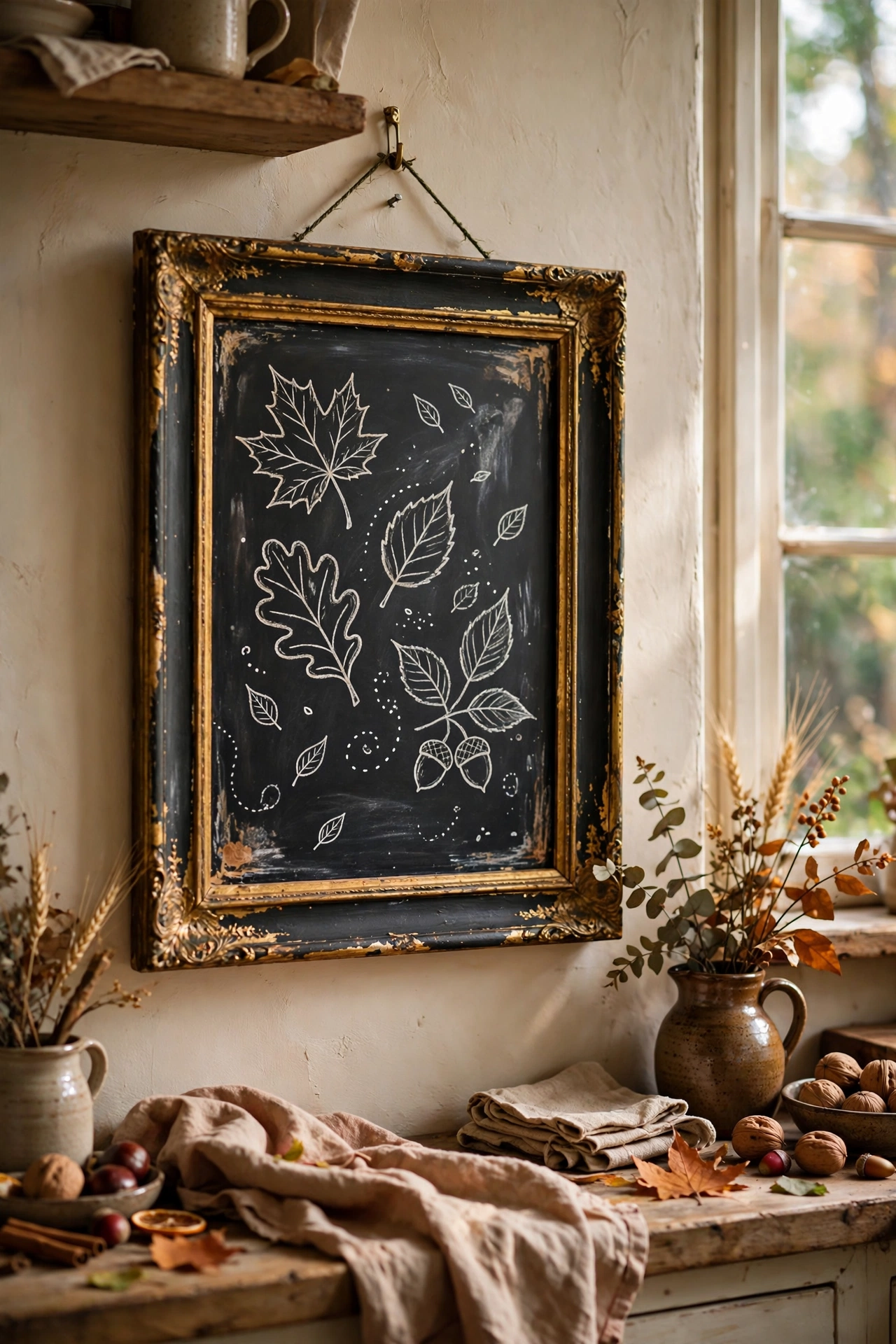 Old gilt frame painted with chalkboard paint showing seasonal chalk drawing as diy wall art in a kitchen