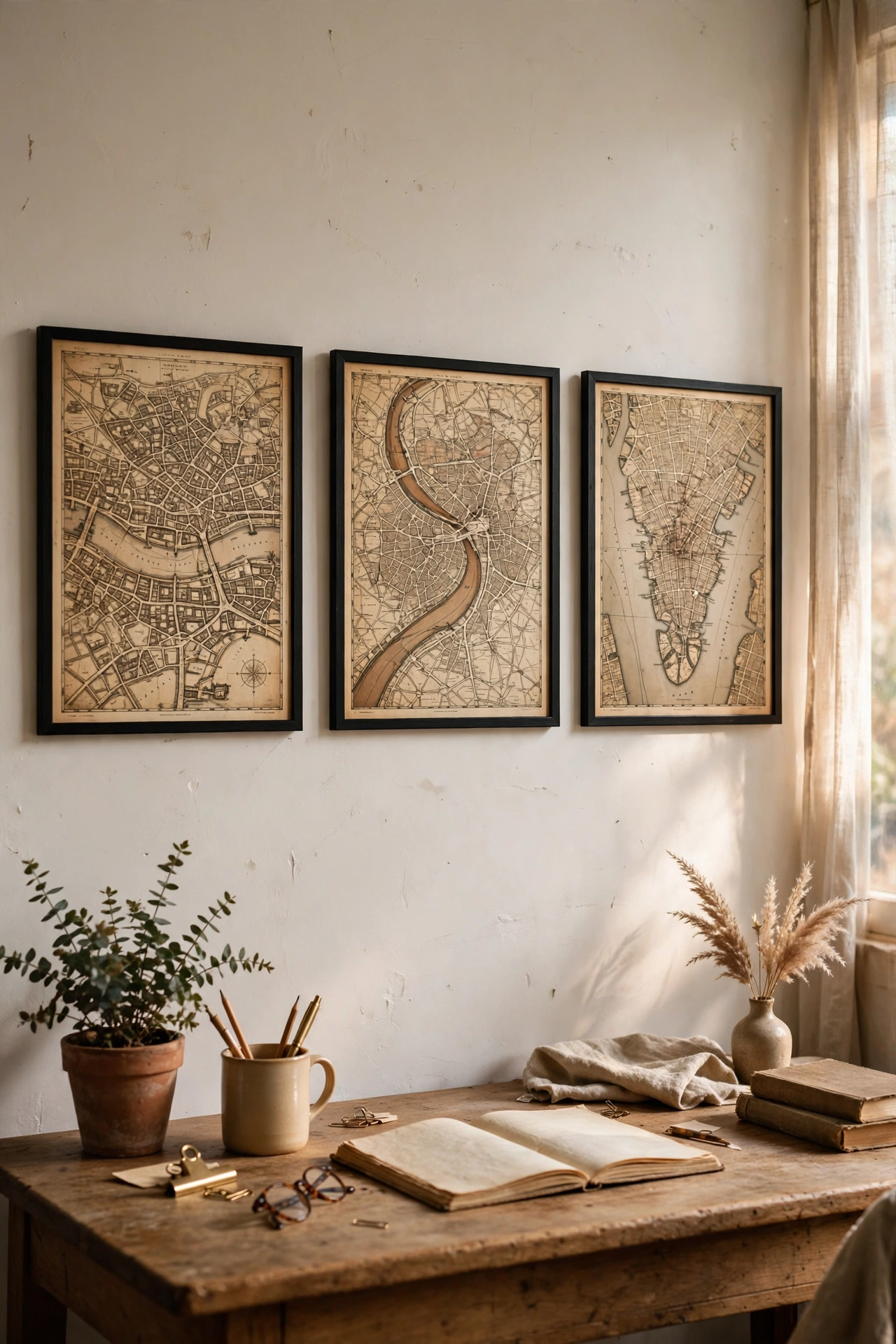 Row of three framed vintage maps of different cities as personal diy wall art above a desk