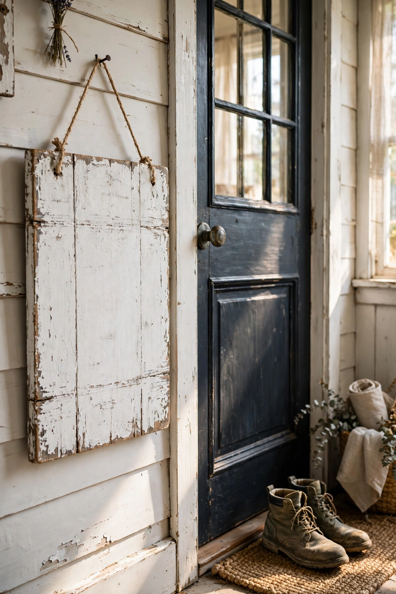 Distressed white wooden welcome sign with stencilled lettering hanging by a farmhouse front door
