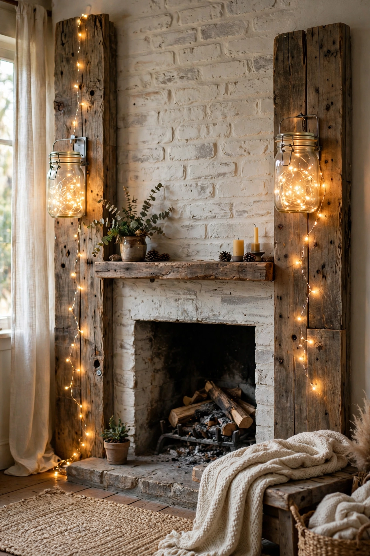Two mason jar sconces on reclaimed wood planks with warm fairy lights flanking a farmhouse fireplace