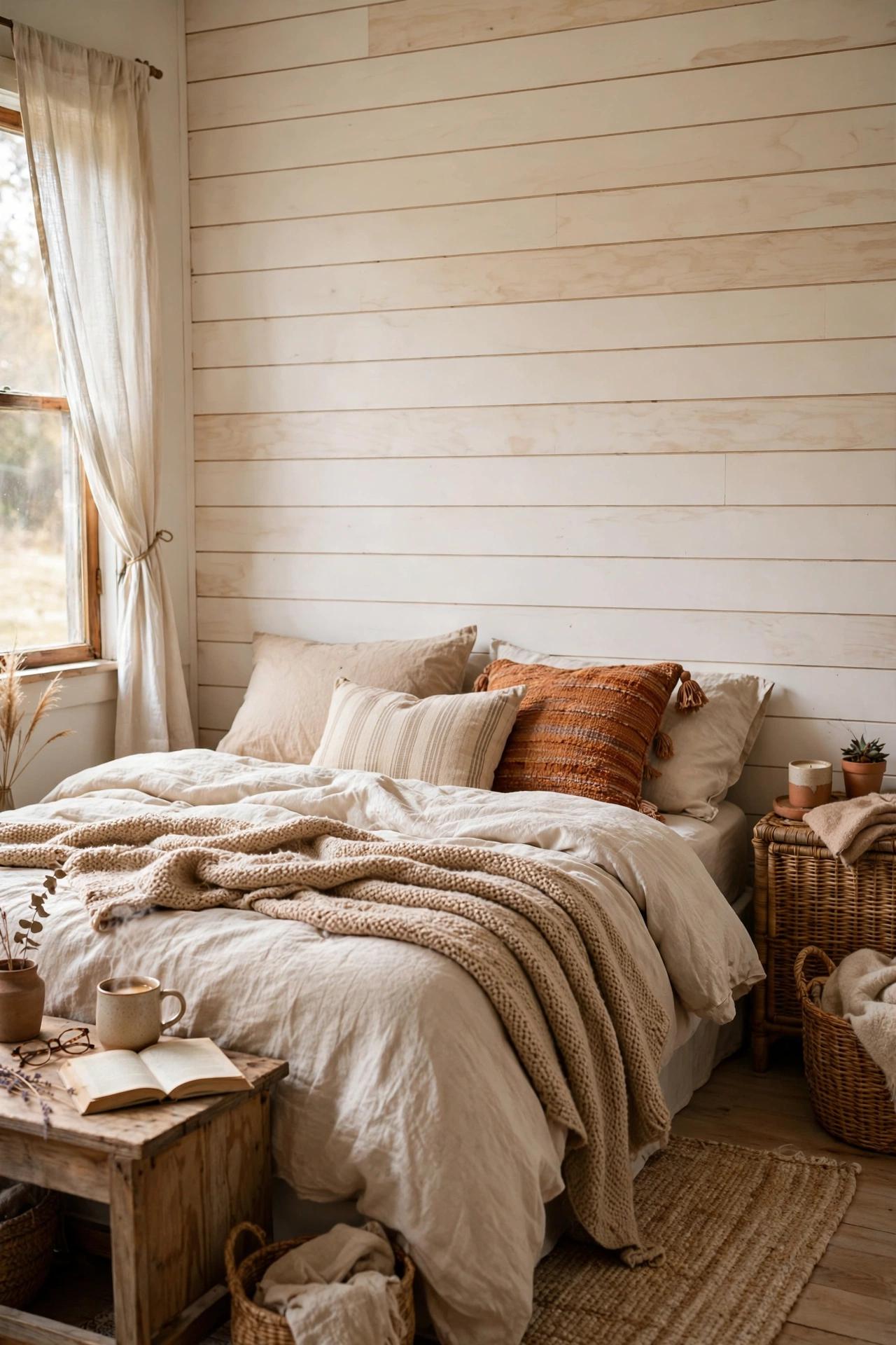 Warm white faux shiplap accent wall made of plywood strips in a cosy farmhouse bedroom