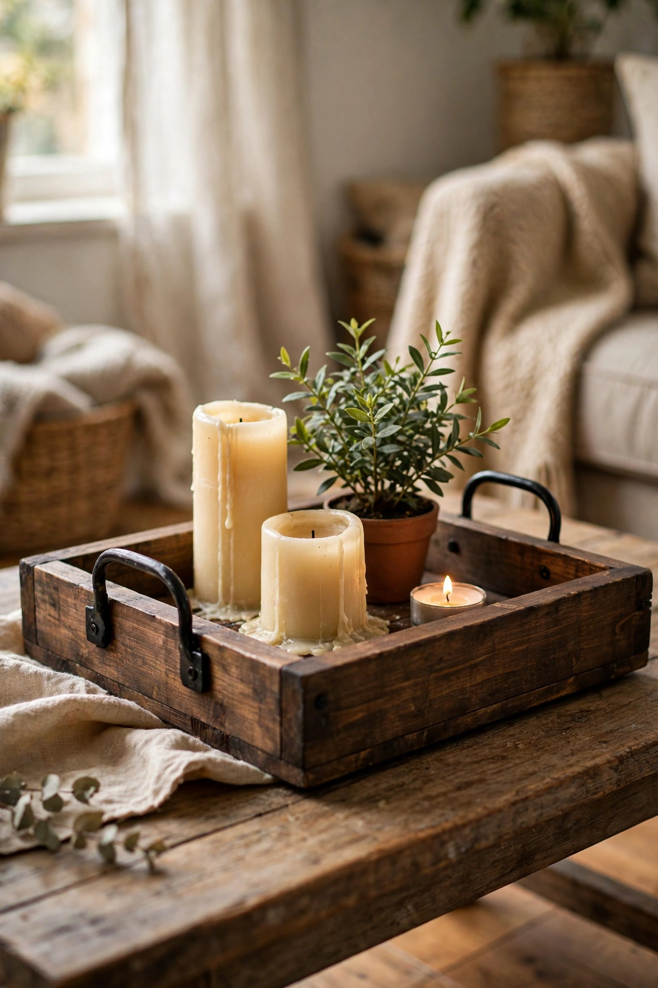 Chunky dark-stained farmhouse serving tray with black metal handles holding candles on a coffee table