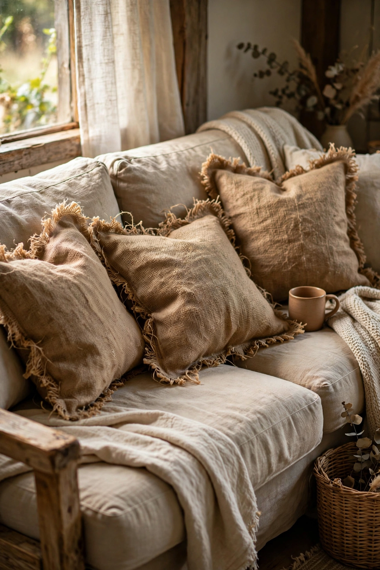 No-sew burlap cushion covers with frayed edges on a neutral farmhouse sofa