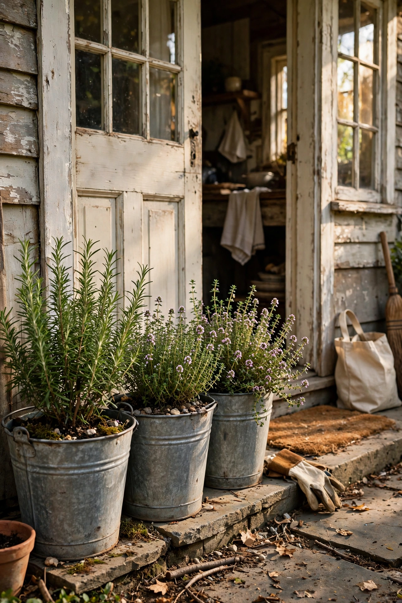 Galvanised metal buckets planted with herbs as farmhouse planters by a back door