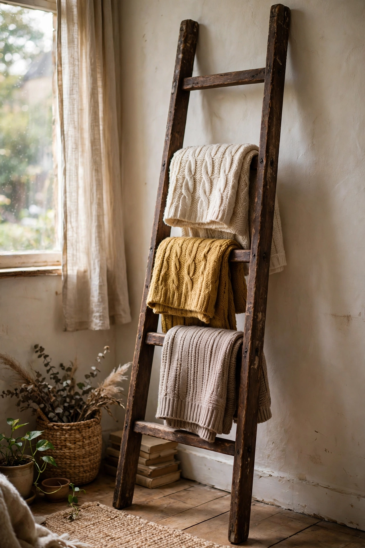Old wooden ladder stained dark holding folded throws as a farmhouse blanket holder in a living room