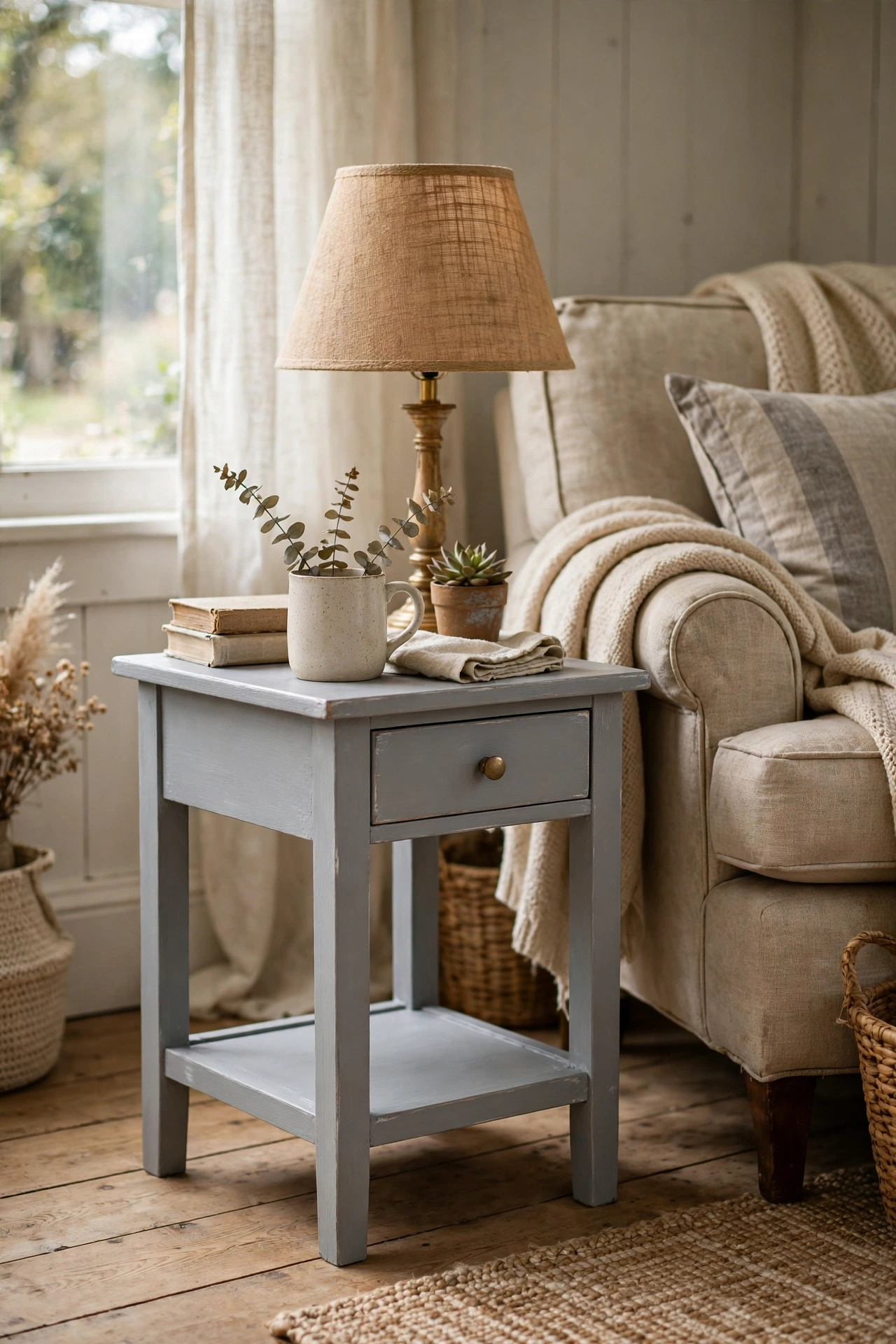 Charity shop pine side table transformed with grey chalk paint in a farmhouse living room