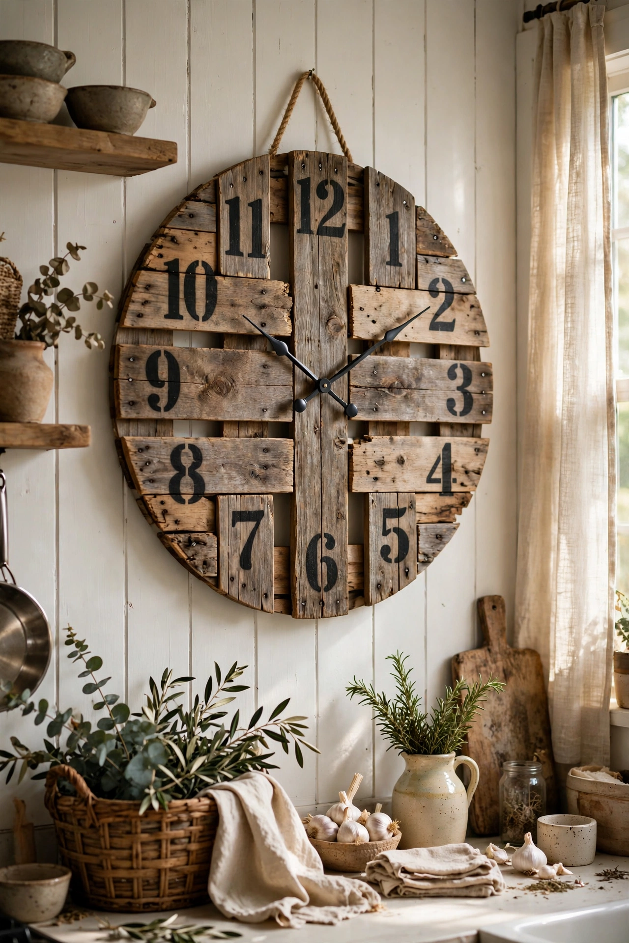 Large round farmhouse clock made from pallet planks with stencilled numbers hanging in a kitchen