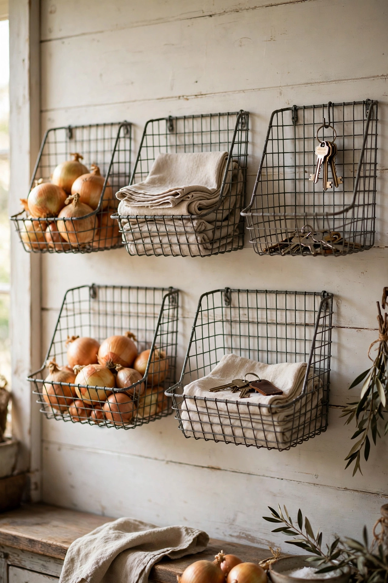 Cluster of flat wire baskets on a farmhouse kitchen wall holding onions, napkins and keys