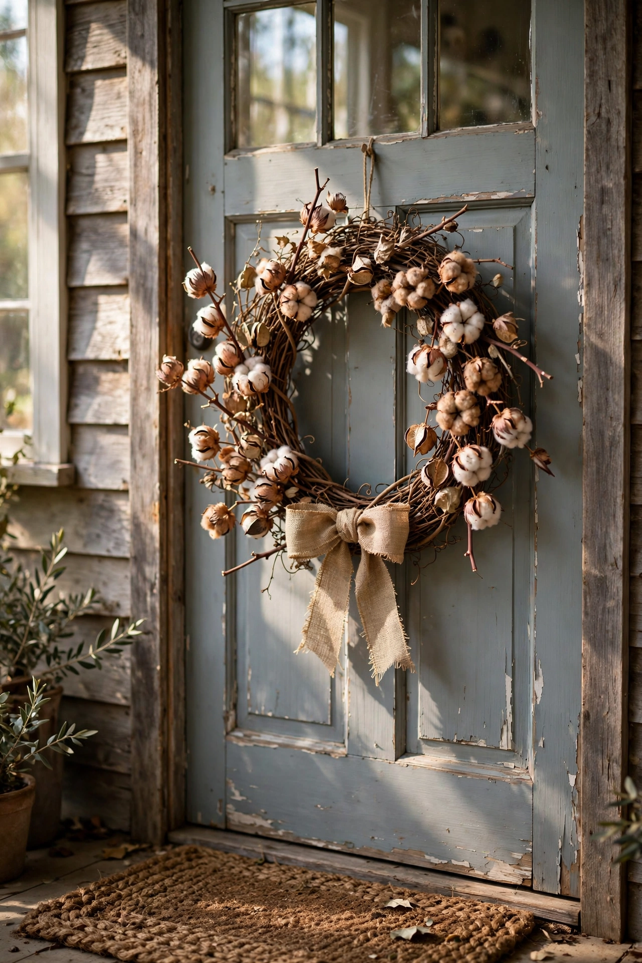 Dried cotton stem wreath on a grapevine base with a burlap bow hanging on a farmhouse front door
