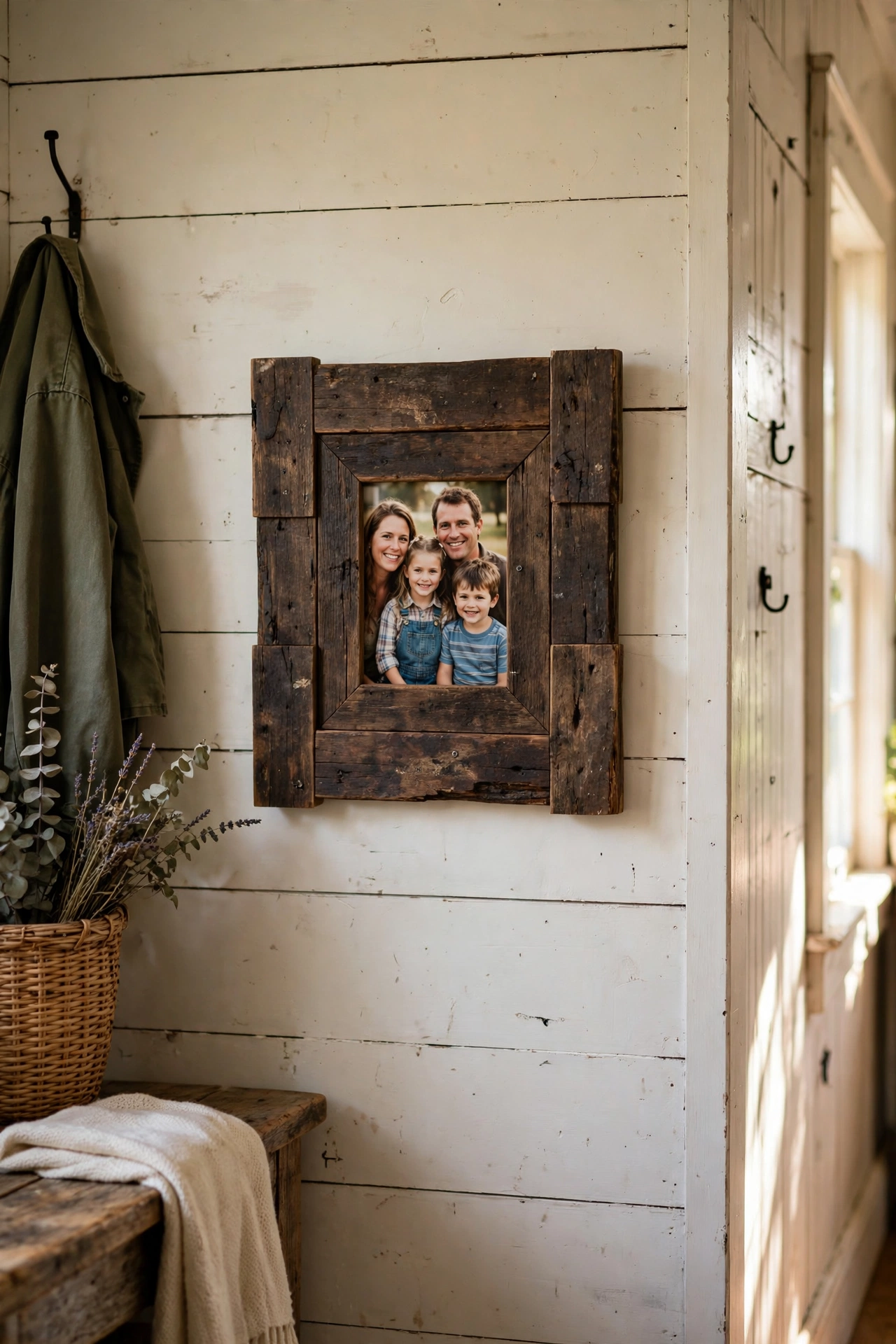 Handmade picture frame from reclaimed skirting board holding a family photo in a farmhouse hallway