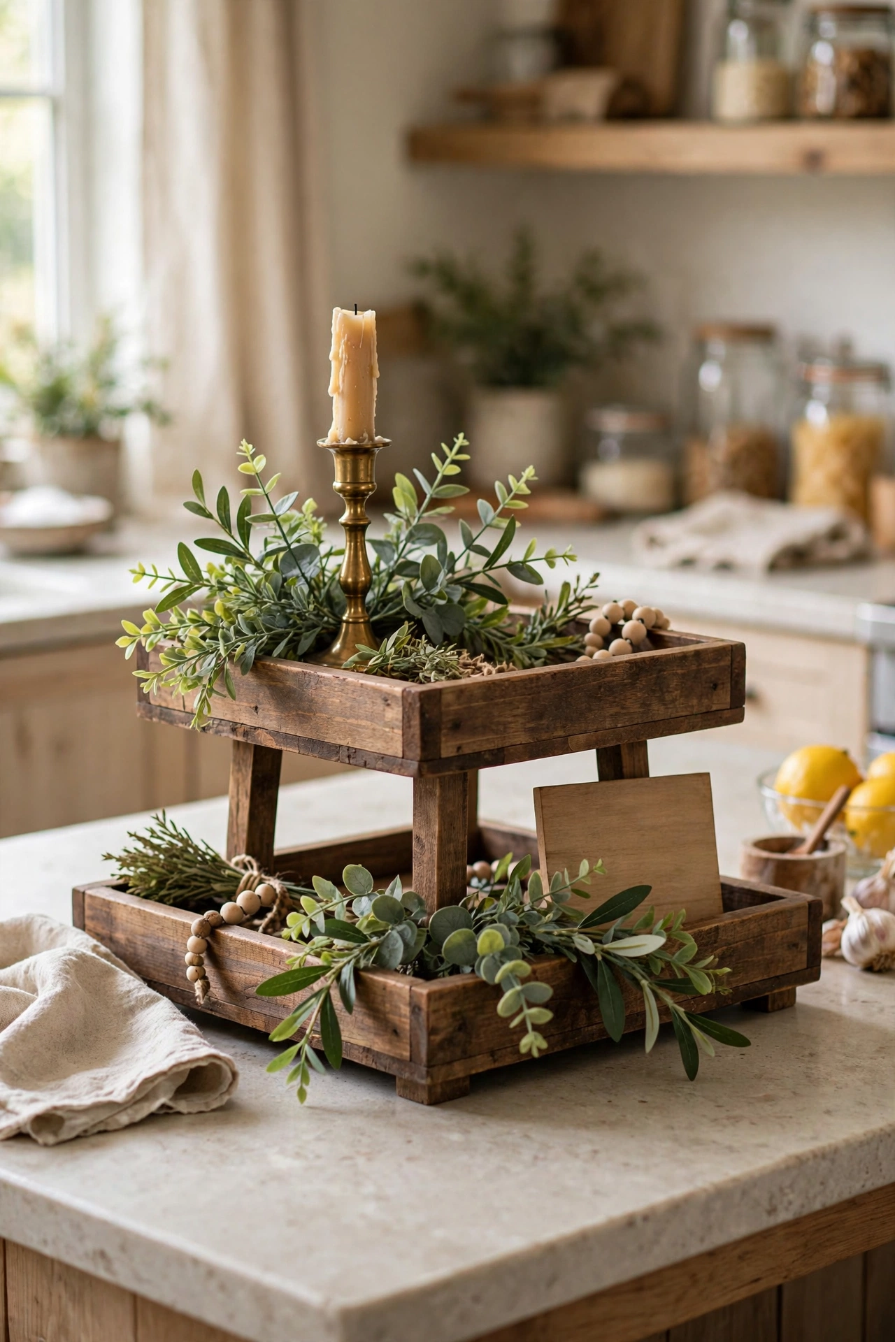 Two-tier farmhouse tray styled with a candlestick, greenery and a mini sign on a kitchen island