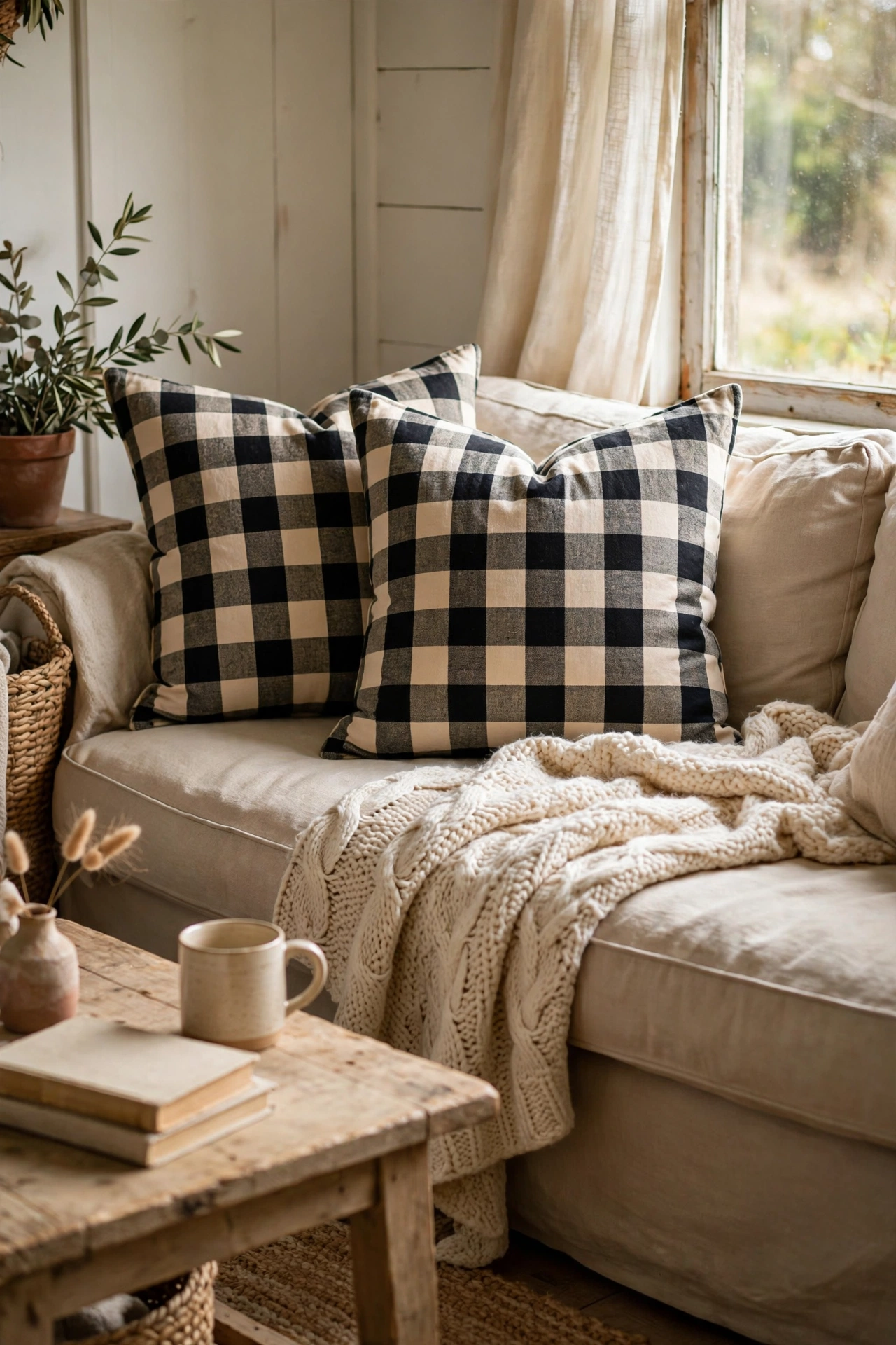Black-and-cream buffalo check pillow covers on a farmhouse sofa with a knitted throw