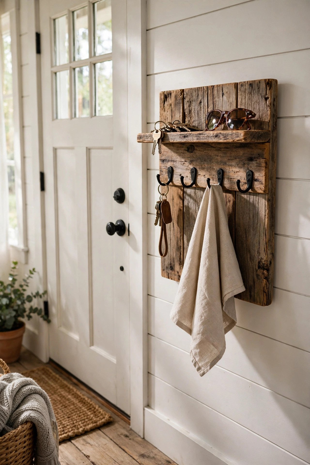 Reclaimed wood key holder with four black hooks and a small top shelf by a farmhouse front door