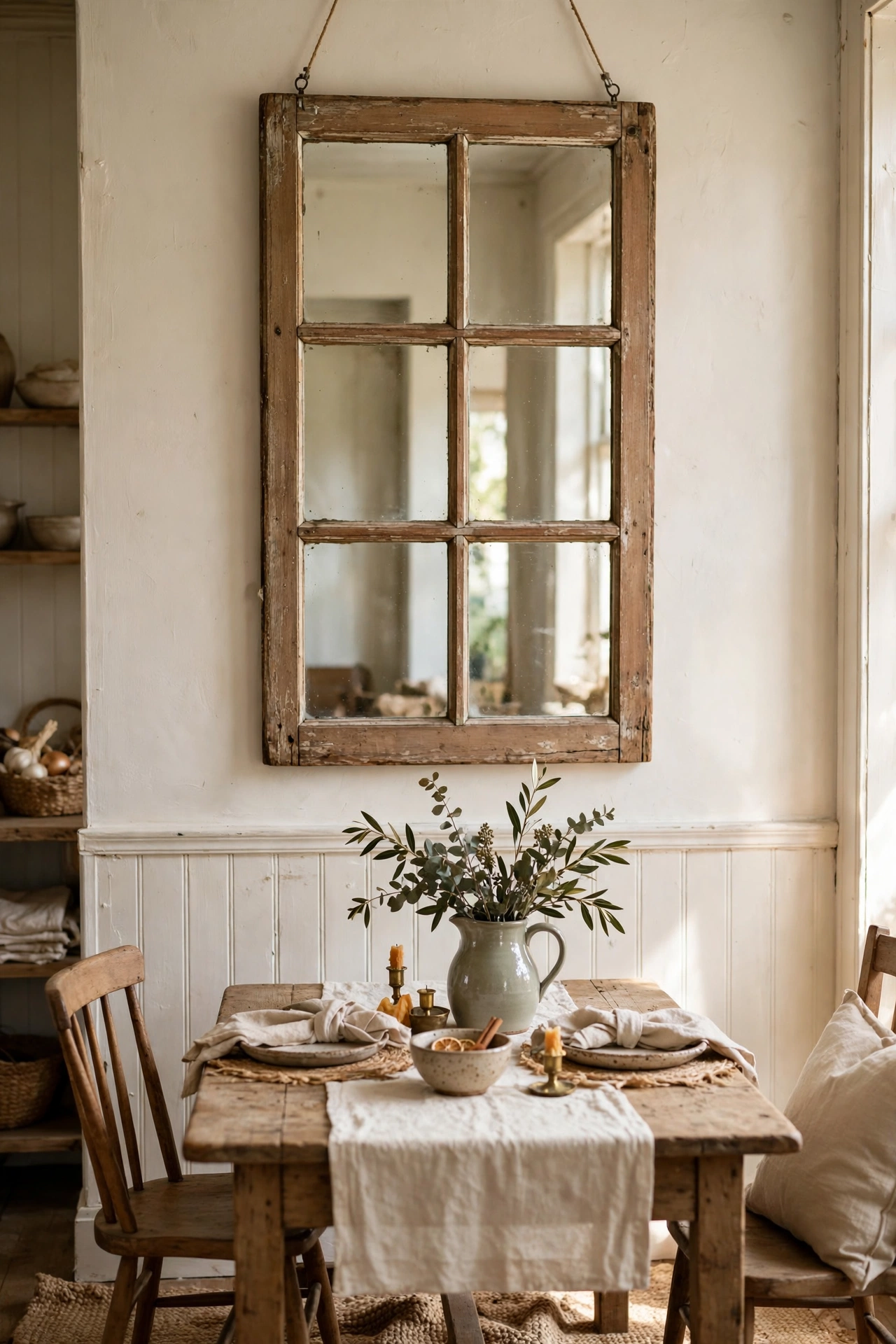 Old timber window frame with mirror panes as a statement piece in a farmhouse dining room