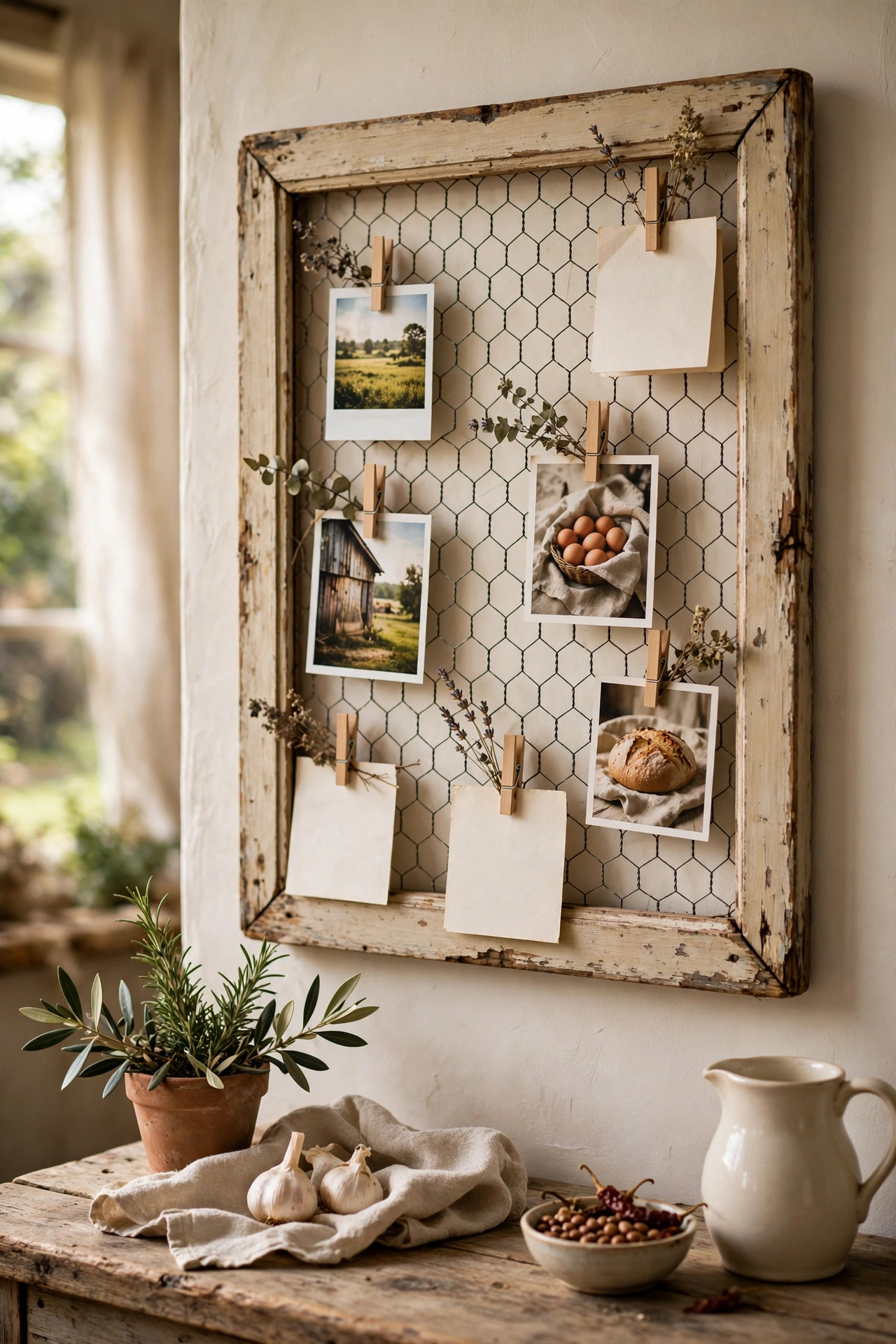 Old picture frame with chicken wire backing holding notes and photos with wooden pegs in a farmhouse kitchen