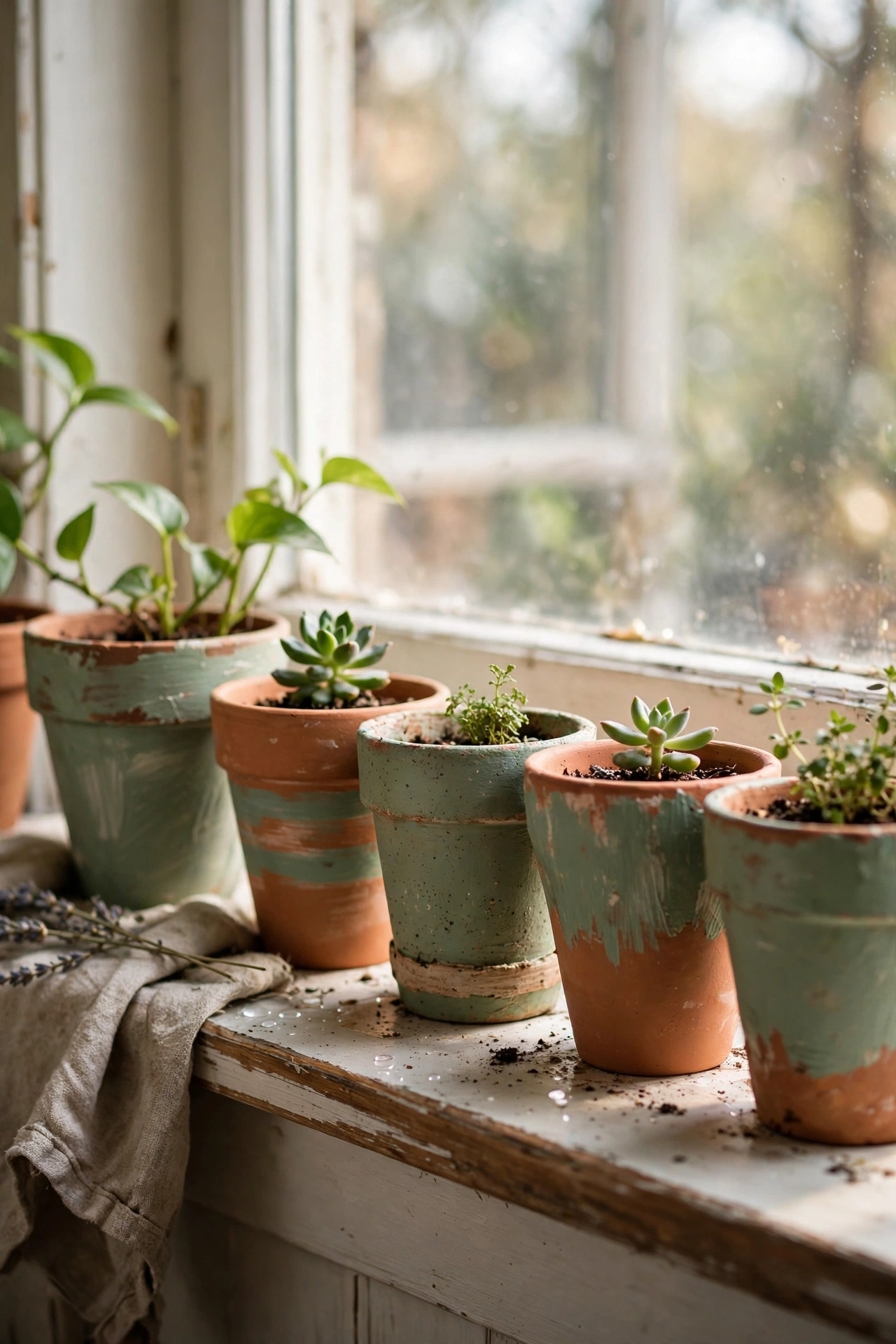 Hand-painted terracotta pots in sage and clay colours on a sunny windowsill, easy diy home decor project