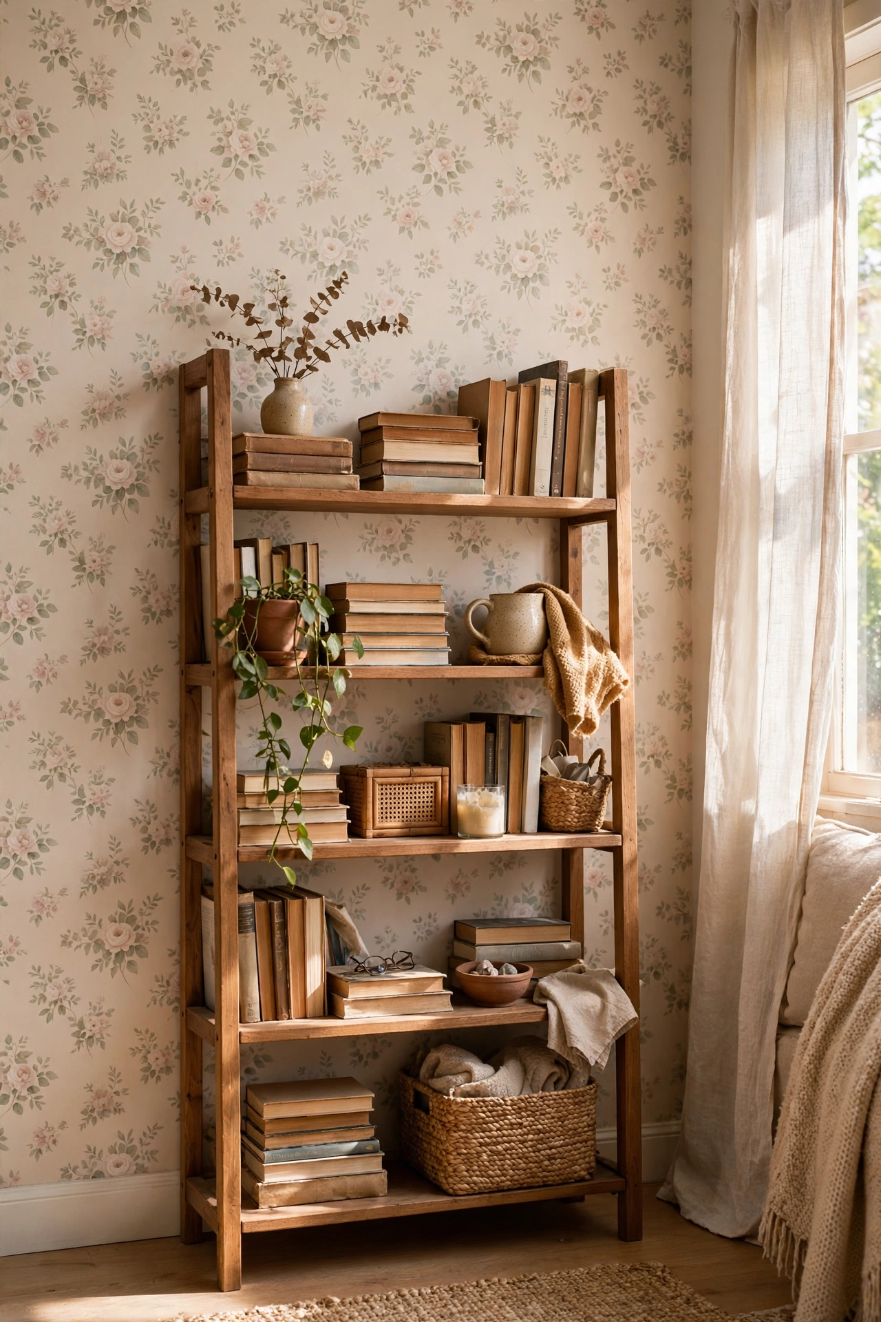 Peel-and-stick floral wallpaper accent wall behind a small bookshelf in a cosy living room