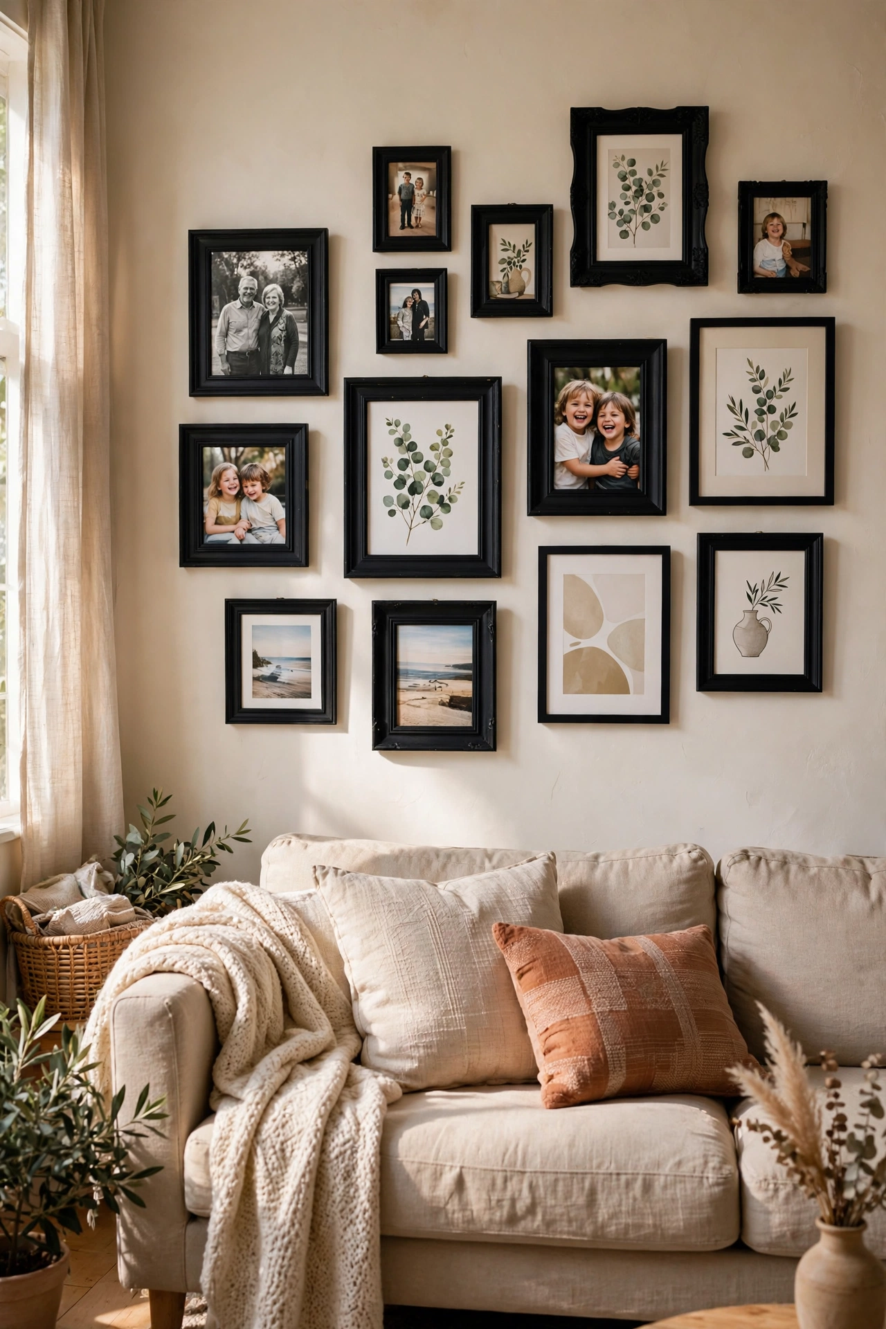 Thrifted frame gallery wall painted matte black filled with prints above a sofa, diy home decor