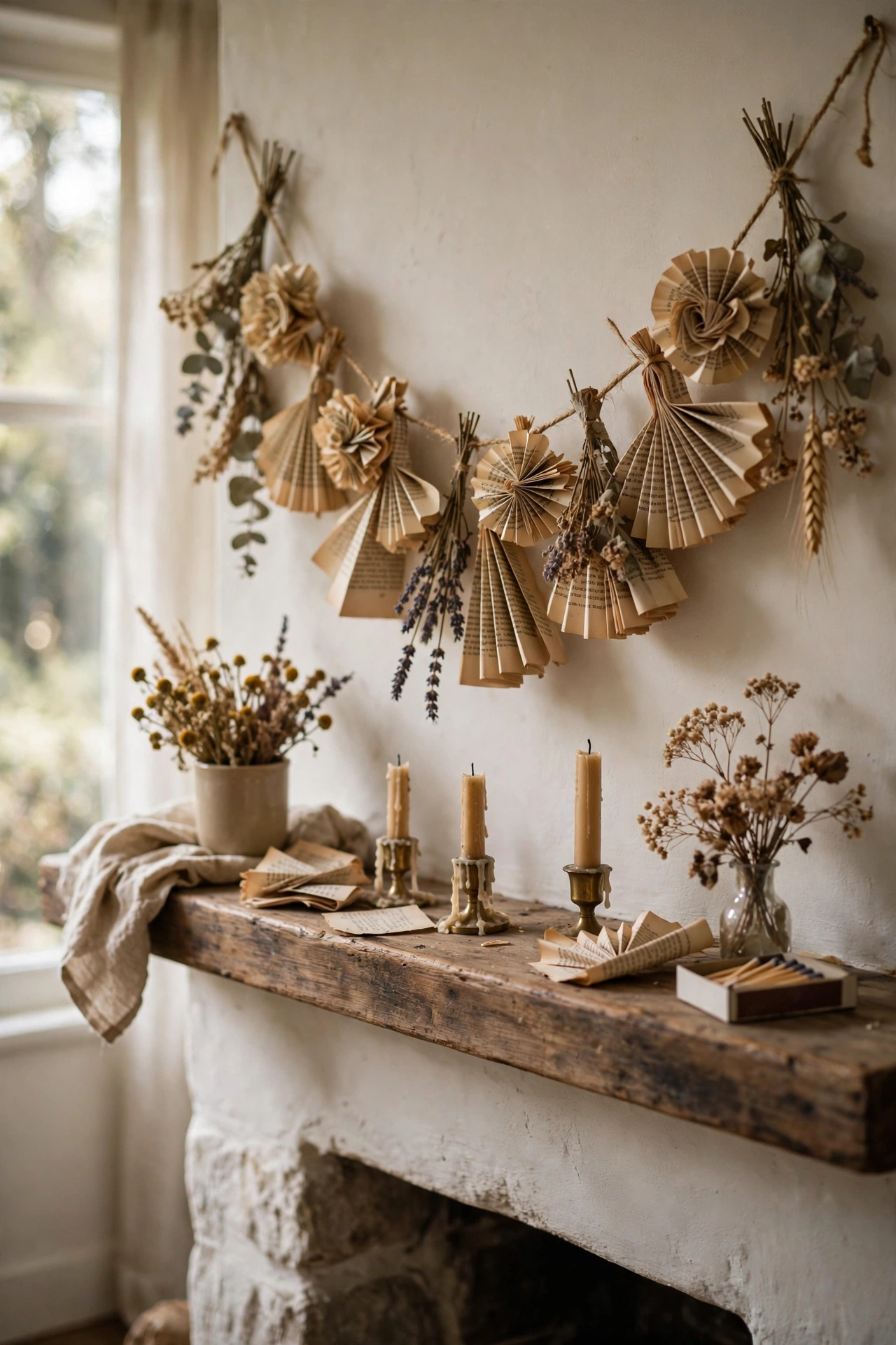 Book page garland draped over a wooden mantel with candles, vintage diy home decor