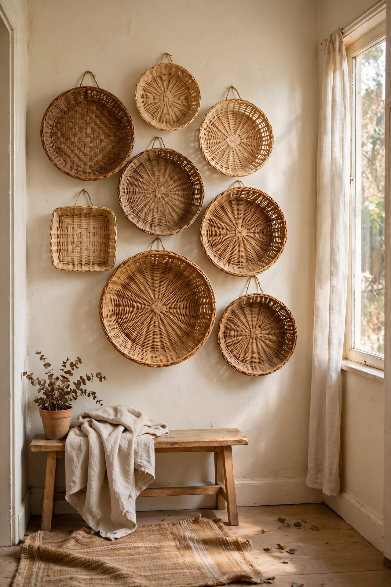 Woven basket wall display of round and oval baskets on a hallway wall, budget diy decor