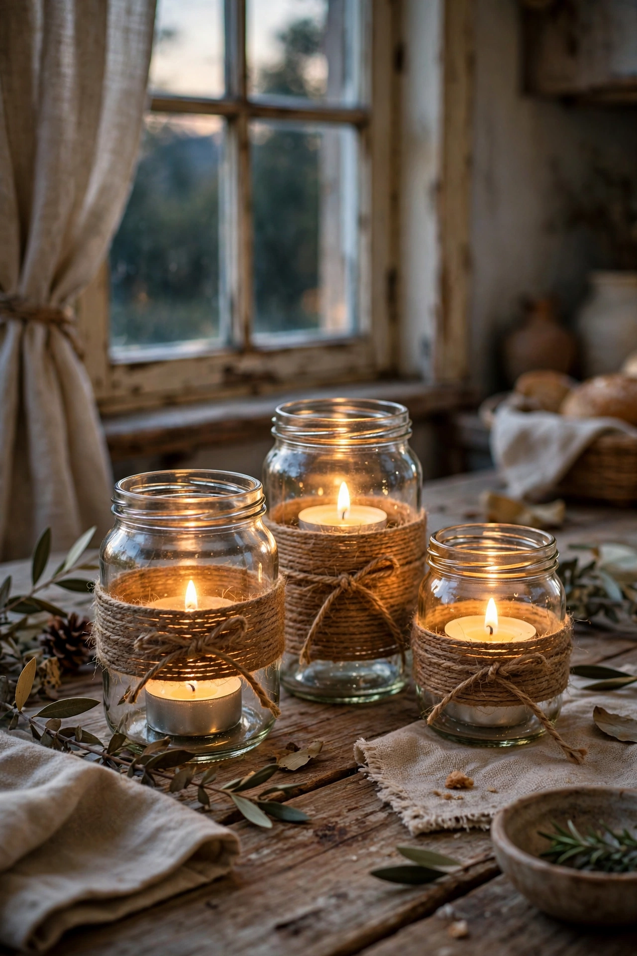Decorative glass candle jars wrapped in jute twine with tealights glowing on a dining table