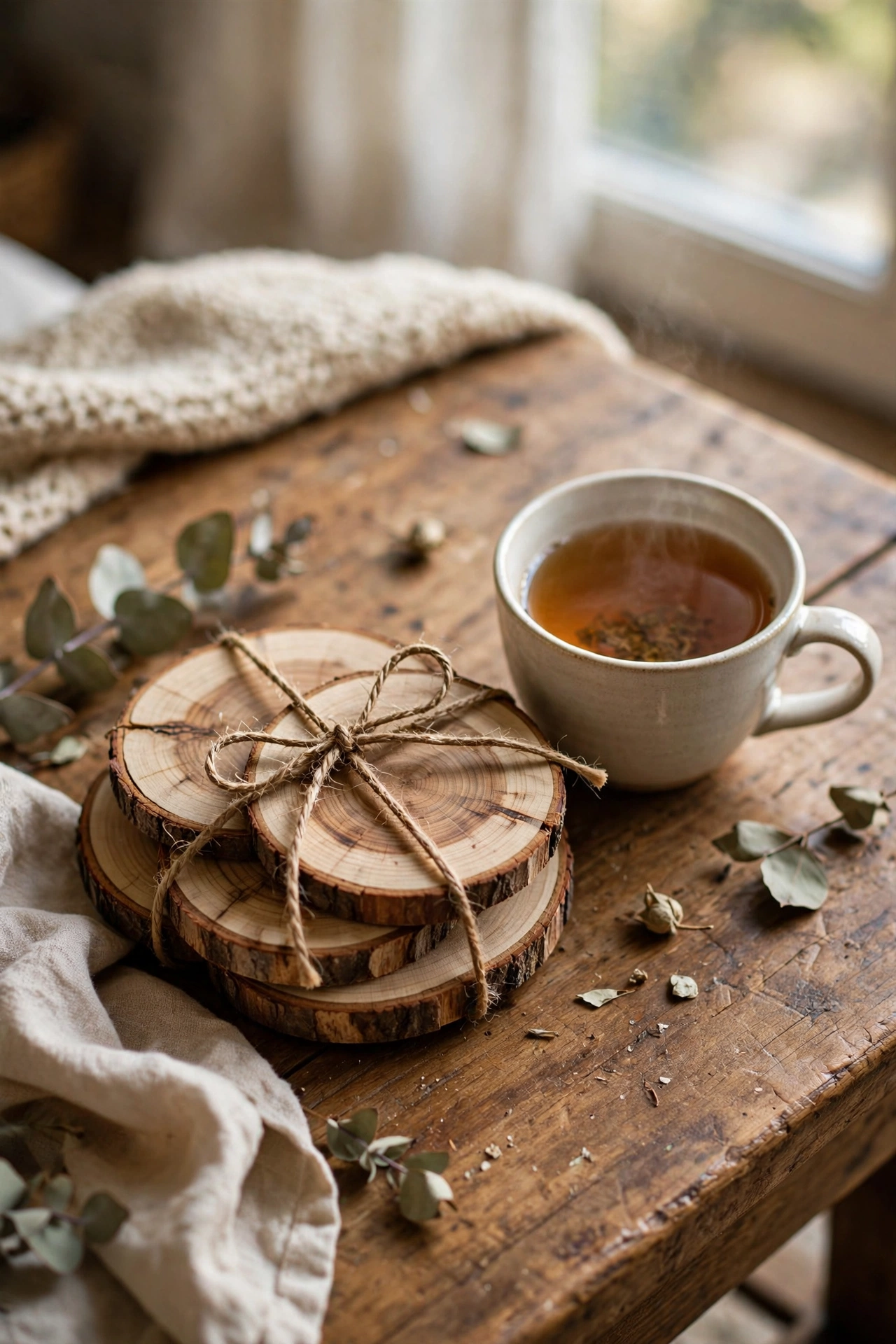 Wooden slice coasters tied with twine on a coffee table, handmade diy home decor