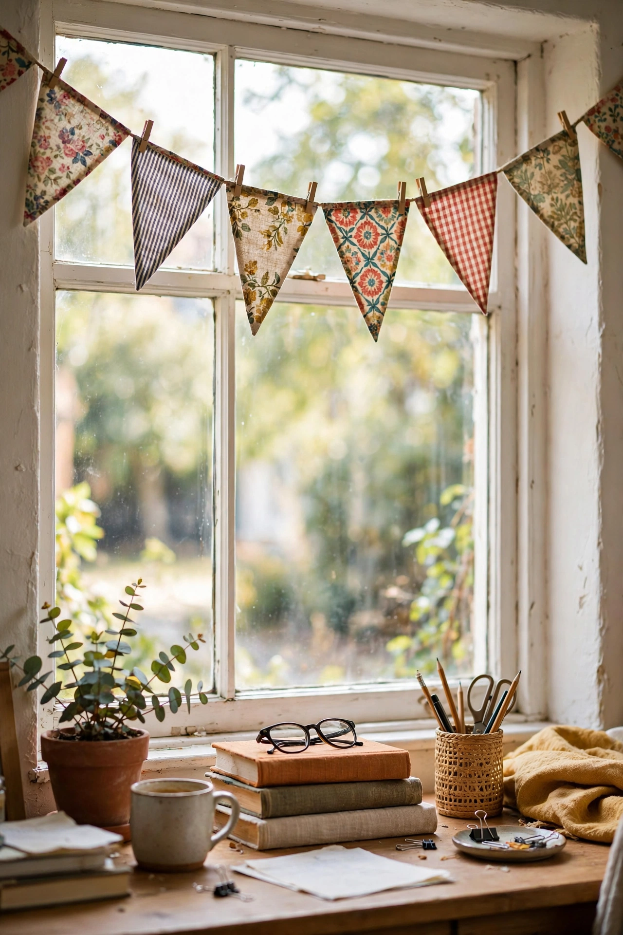 Fabric scrap bunting in floral and striped patterns hung across a home office window