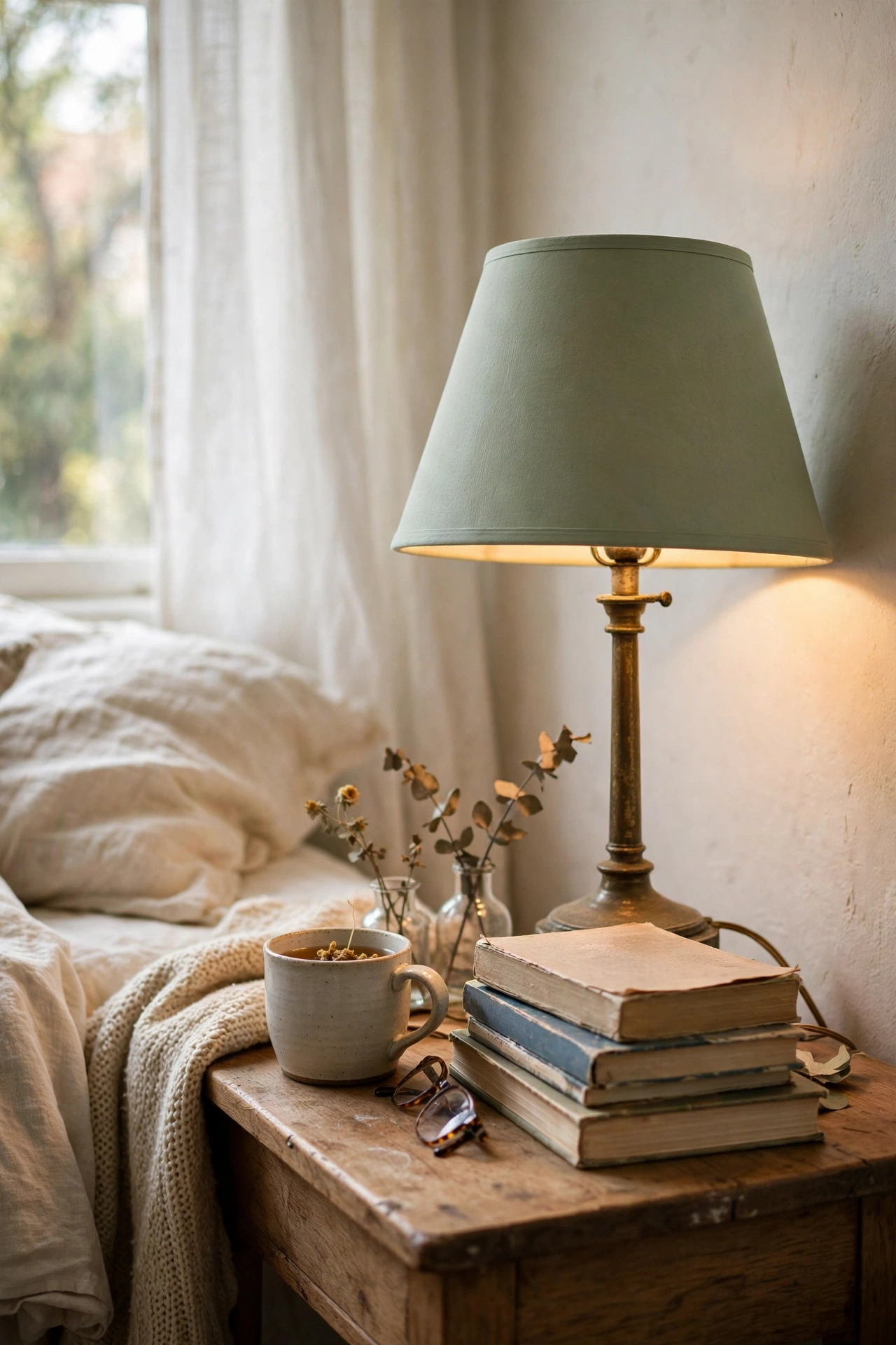 Lampshade refreshed with sage chalk paint on a bedside table, diy lamp makeover