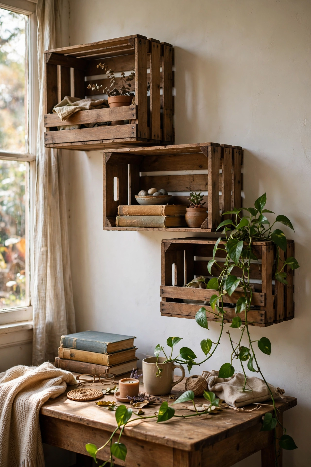 Wooden crate floating shelves in a staggered row above a desk holding books and a plant