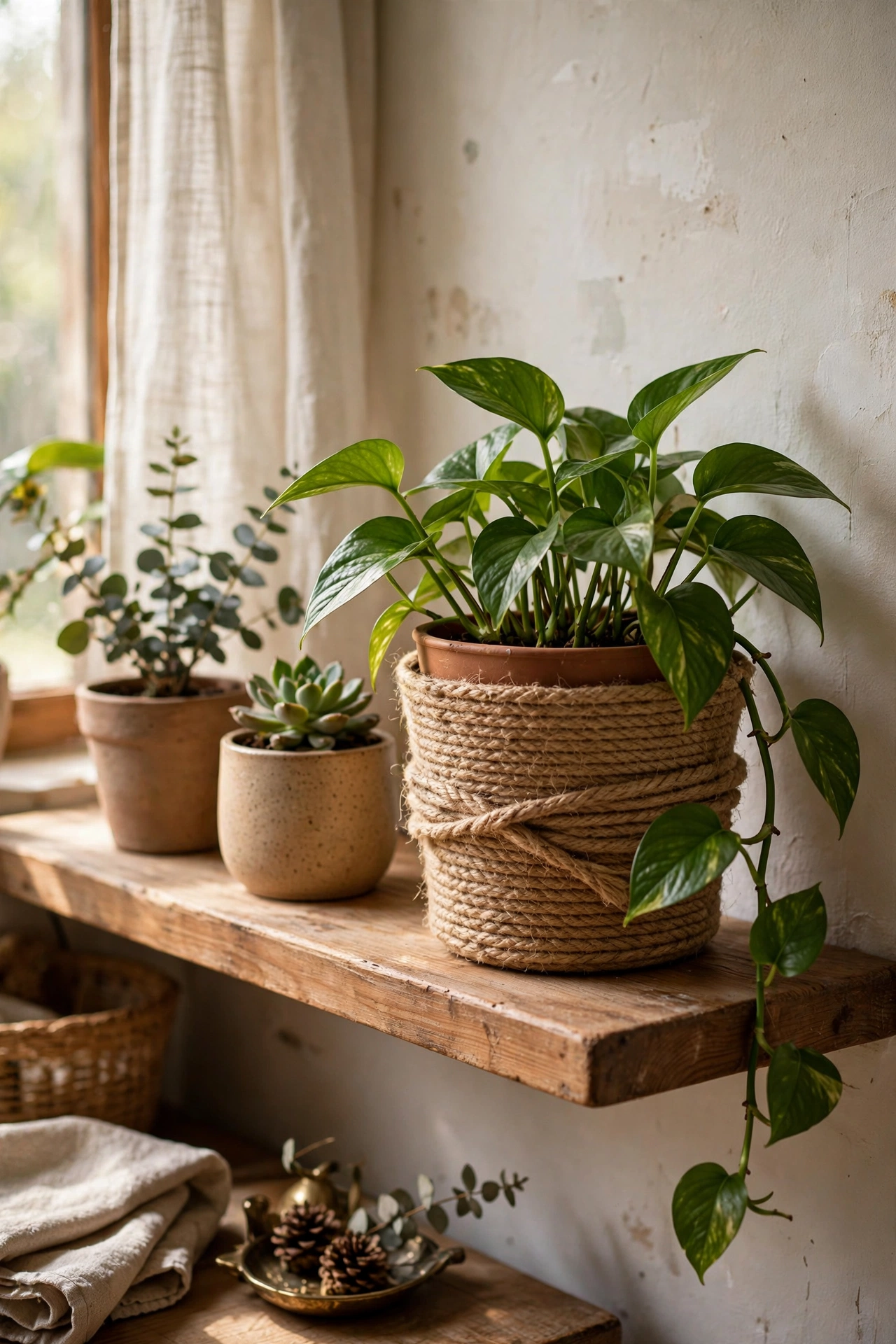 Plastic plant pot wrapped in jute rope with a green houseplant, diy planter makeover