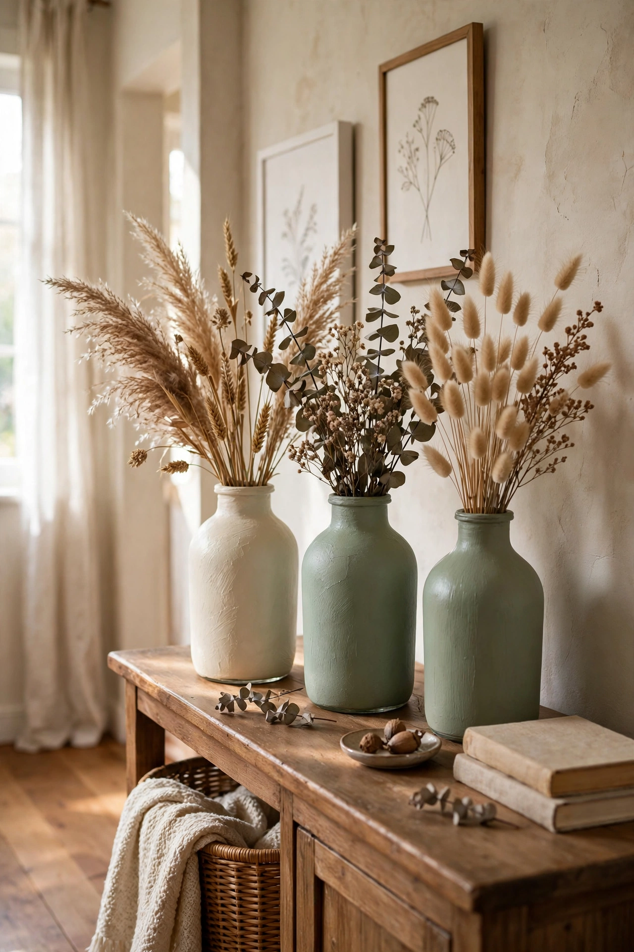 Glass vases painted with matte chalk paint in cream and sage on a hallway console table