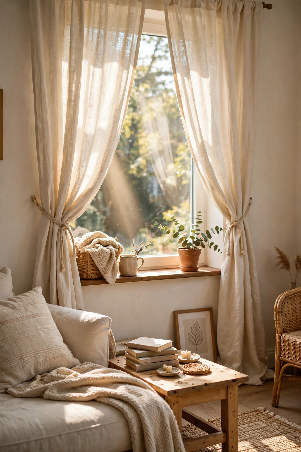 Linen curtain tie-backs holding back soft curtains in a bright living room, no-sew diy