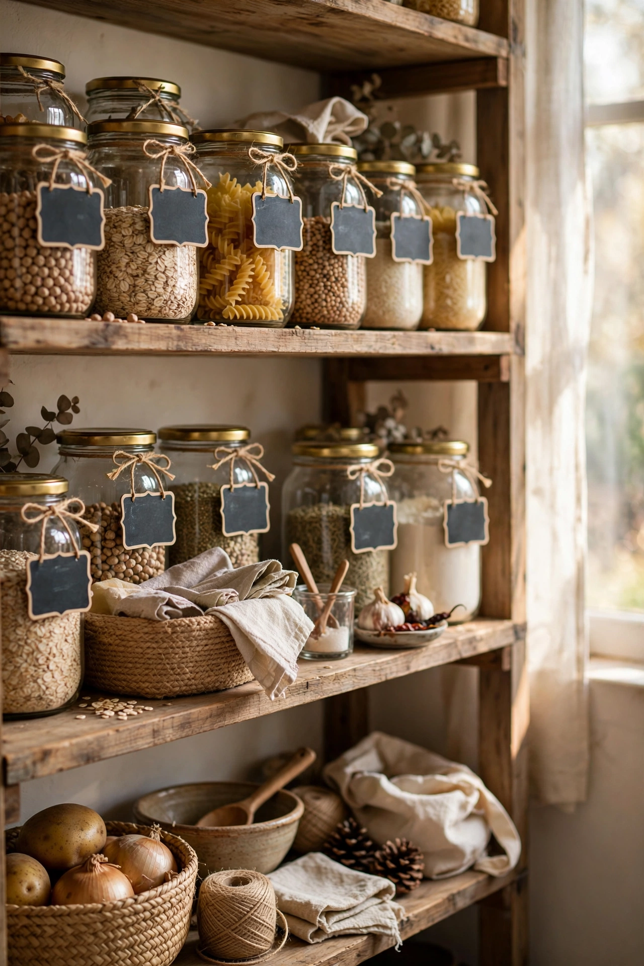 Chalkboard pantry labels on glass jars of lentils and pasta in an organised pantry