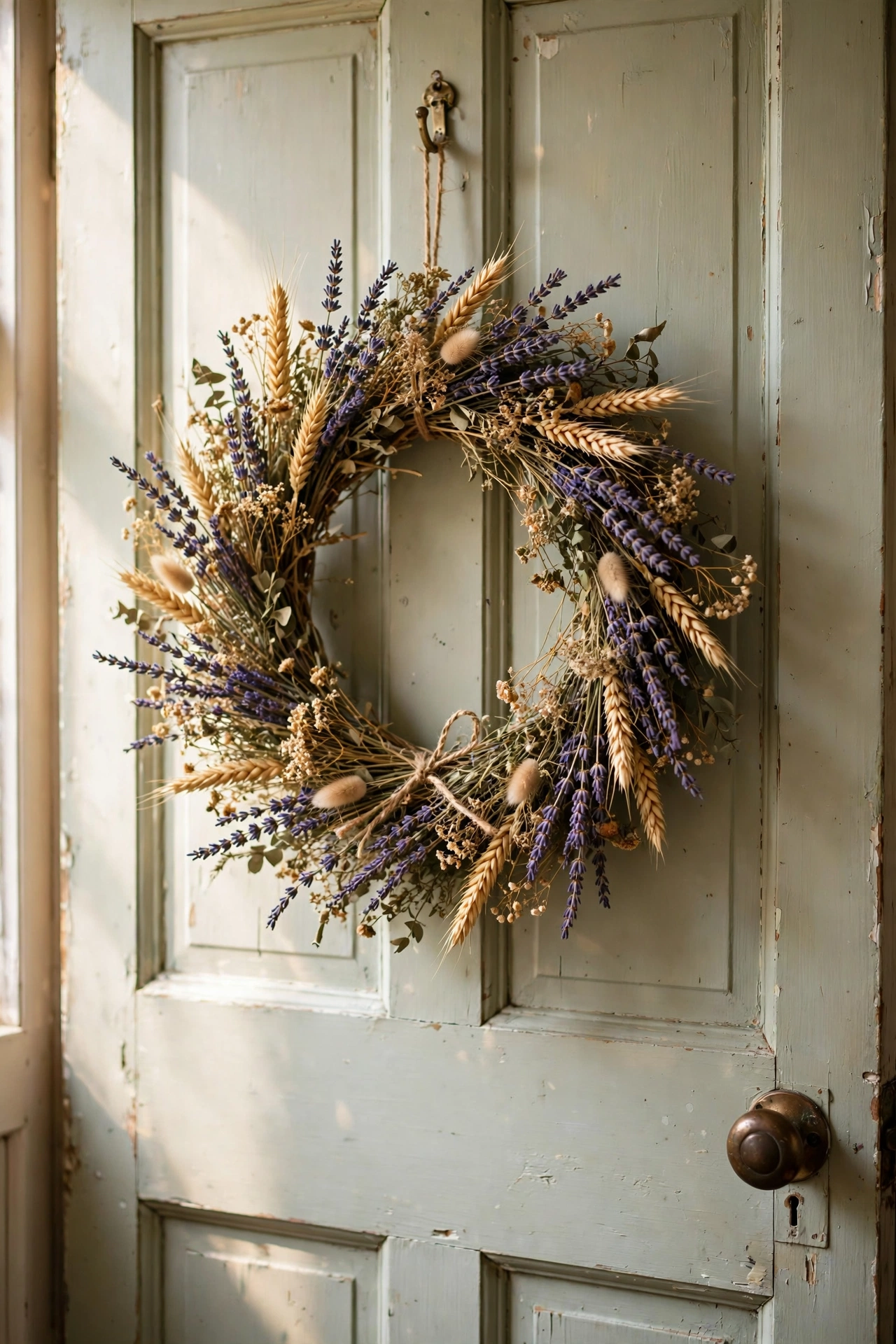 Dried flower wreath with lavender and wheat stems on a front door, diy wreath