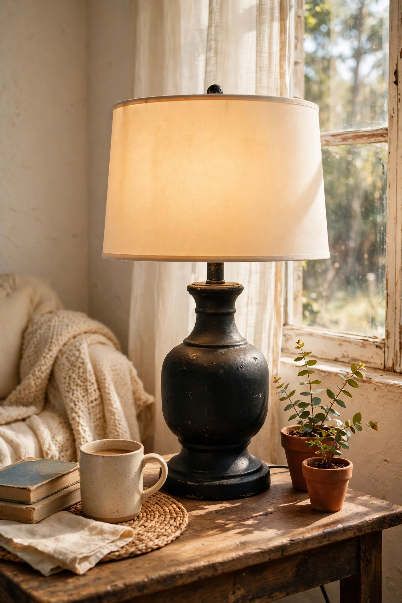 Thrifted lamp base with chalk-painted matte black finish and new drum shade, diy lamp makeover