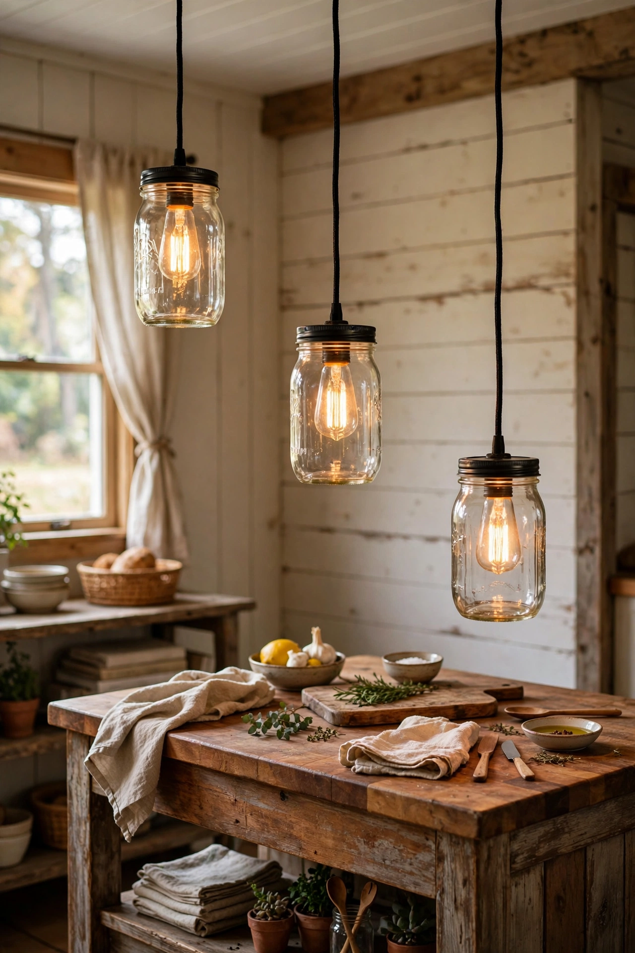 Mason jar pendant lights with Edison bulbs hanging over a kitchen island, diy lamp idea