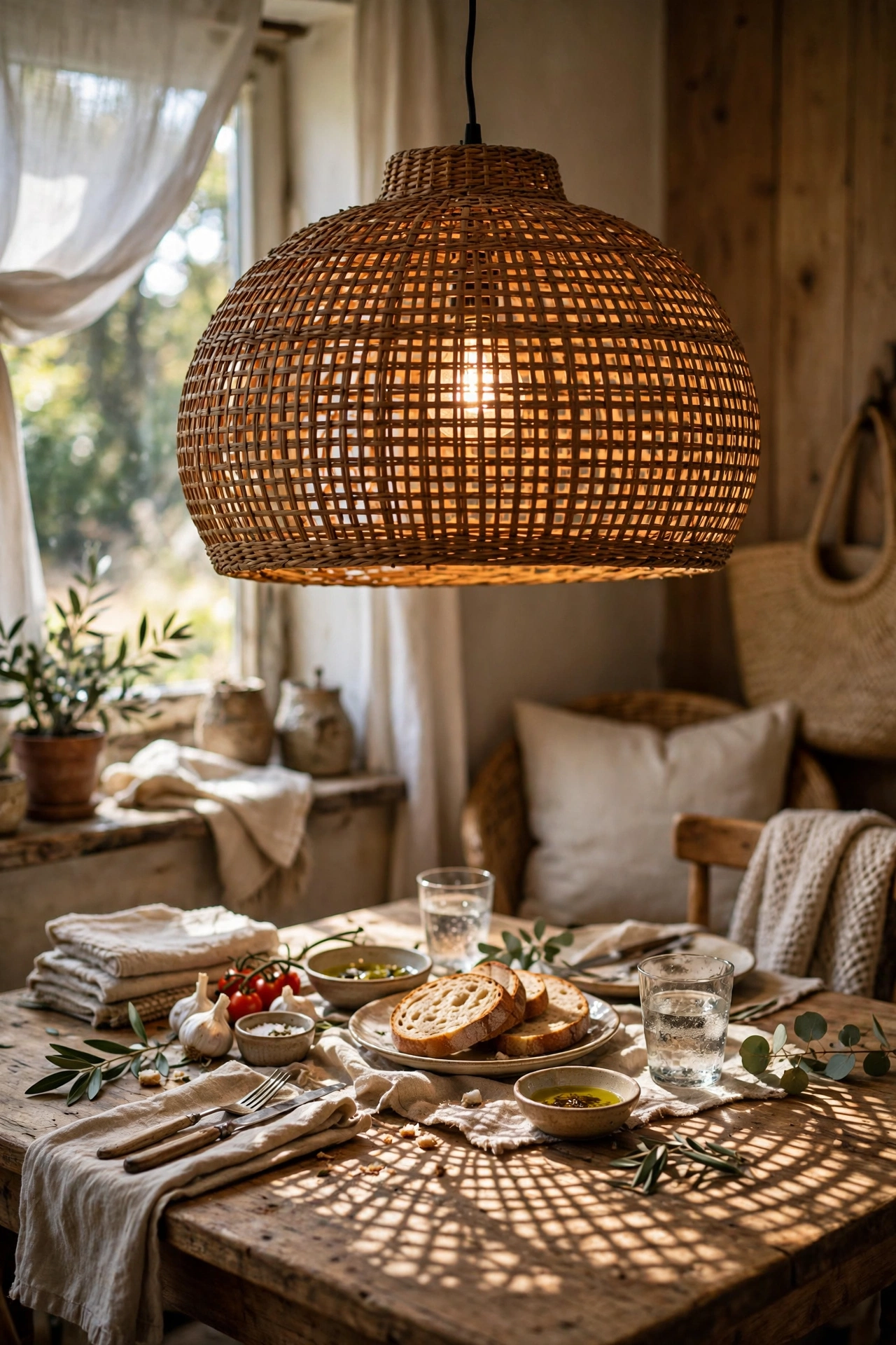 Woven basket pendant light casting patterned shadows in a dining room, diy lamp