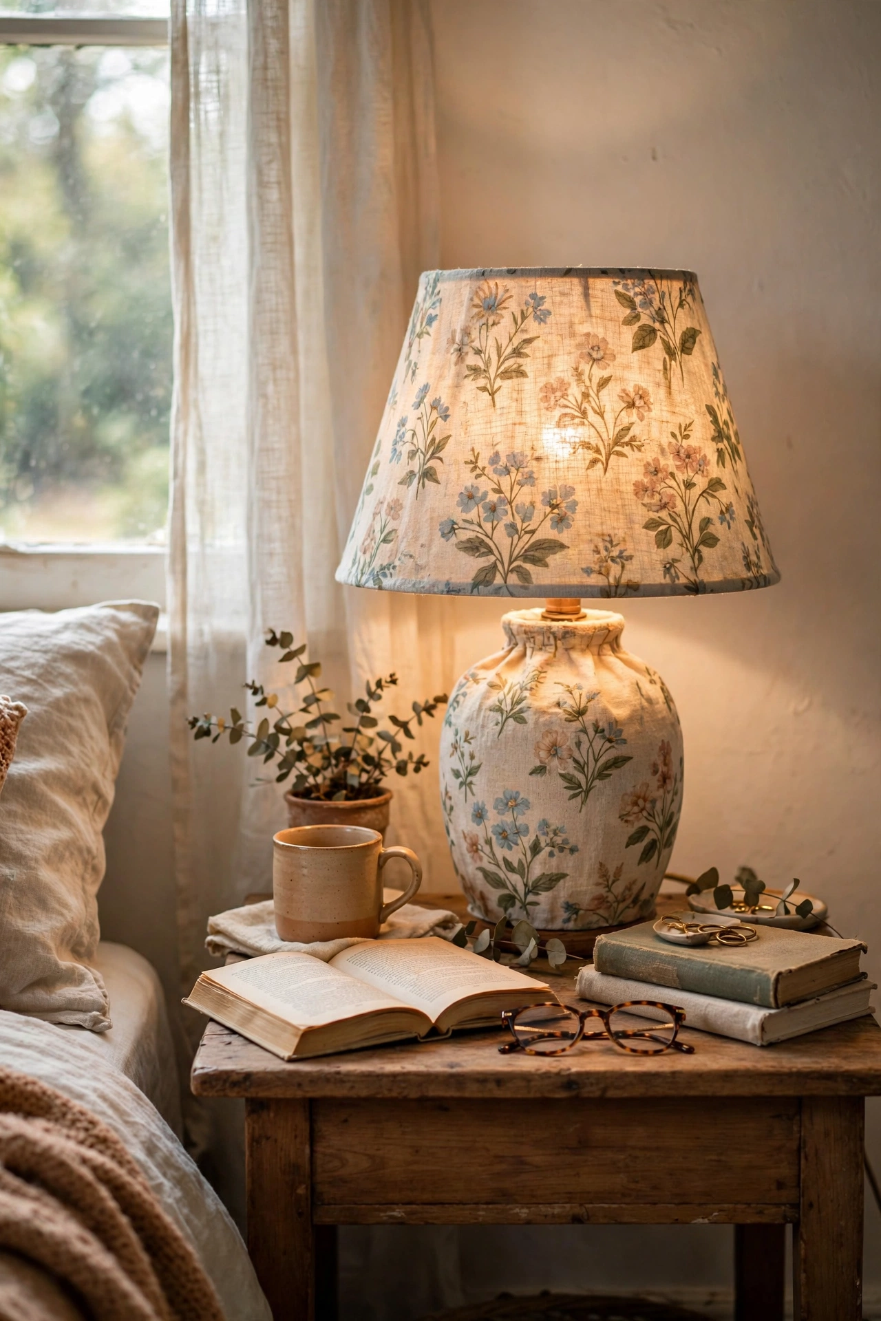 Lampshade recovered with floral linen fabric on a bedside table, diy lamp shade makeover