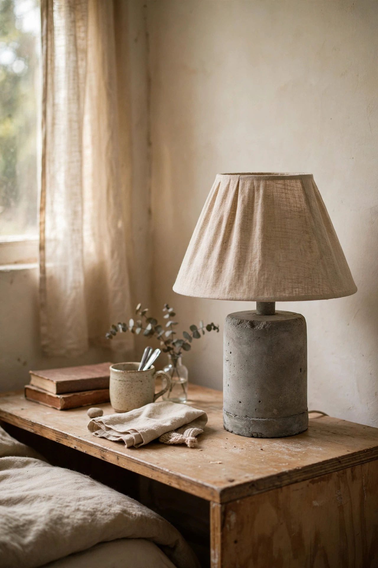 Handmade concrete base table lamp with linen shade on a bedside table, diy concrete lamp