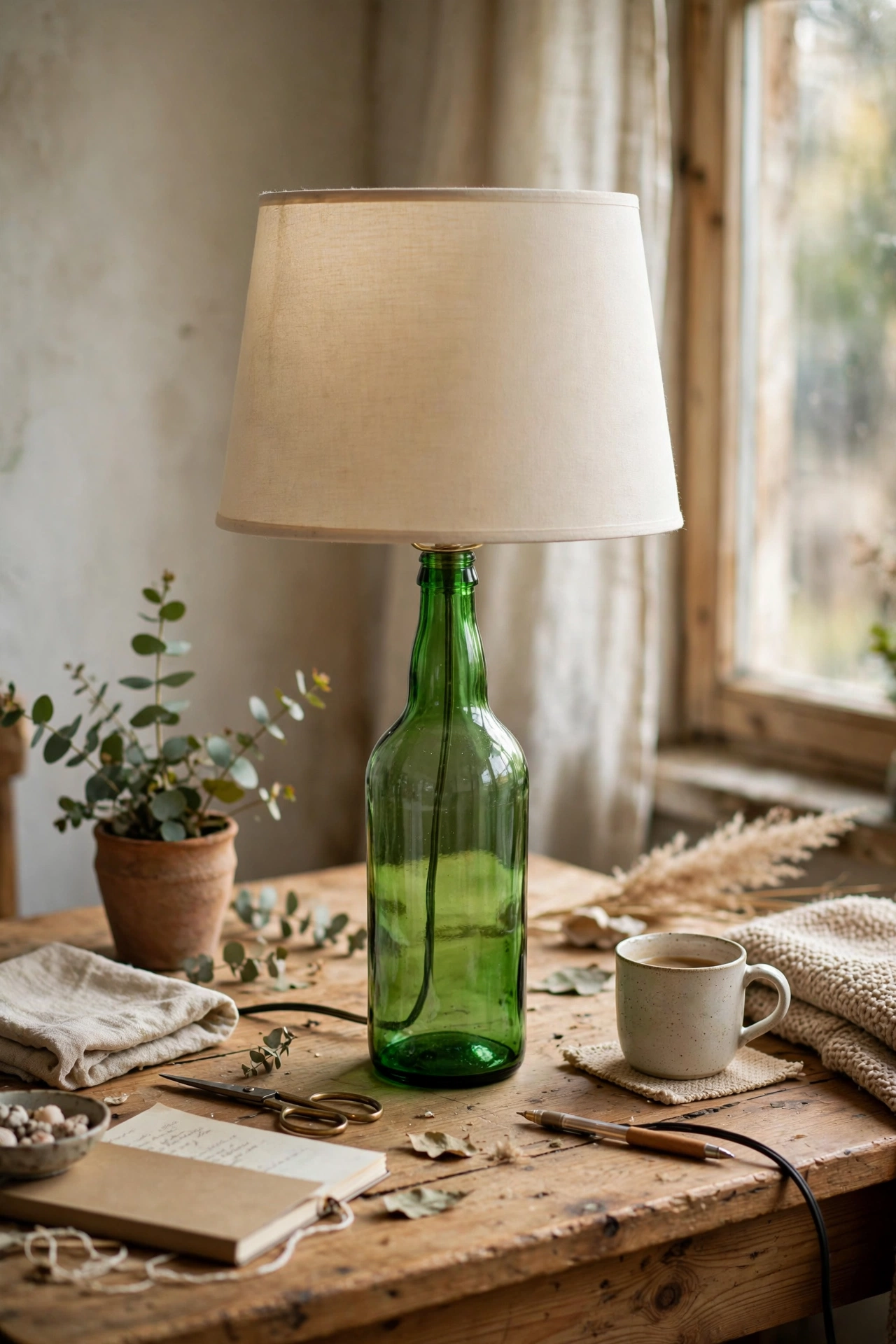 Green glass bottle converted into a table lamp with a small drum shade, diy bottle lamp